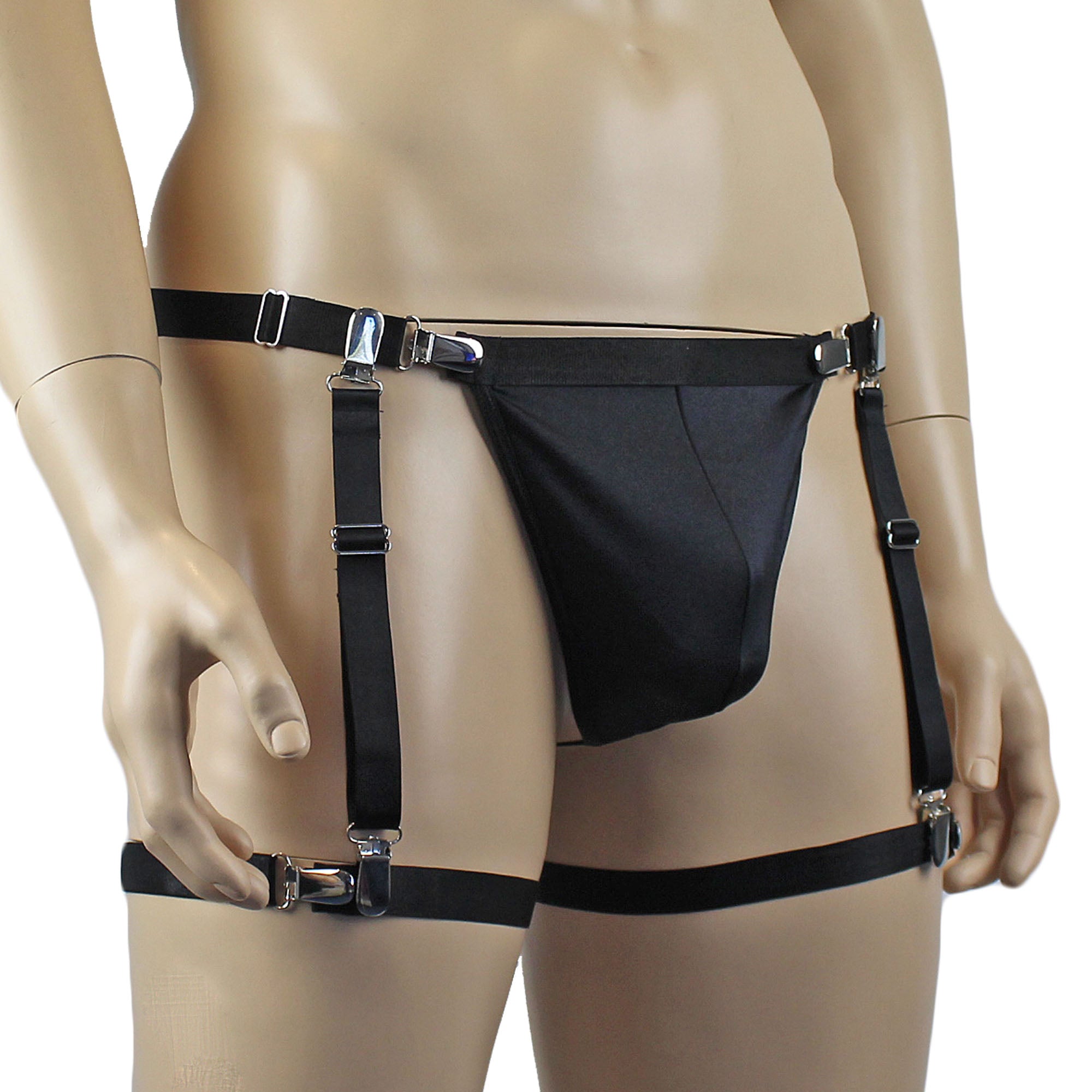 Mens Janice Thong with Adjustable Silver Clip Sides, Detachable Garters & Leg Bands Black