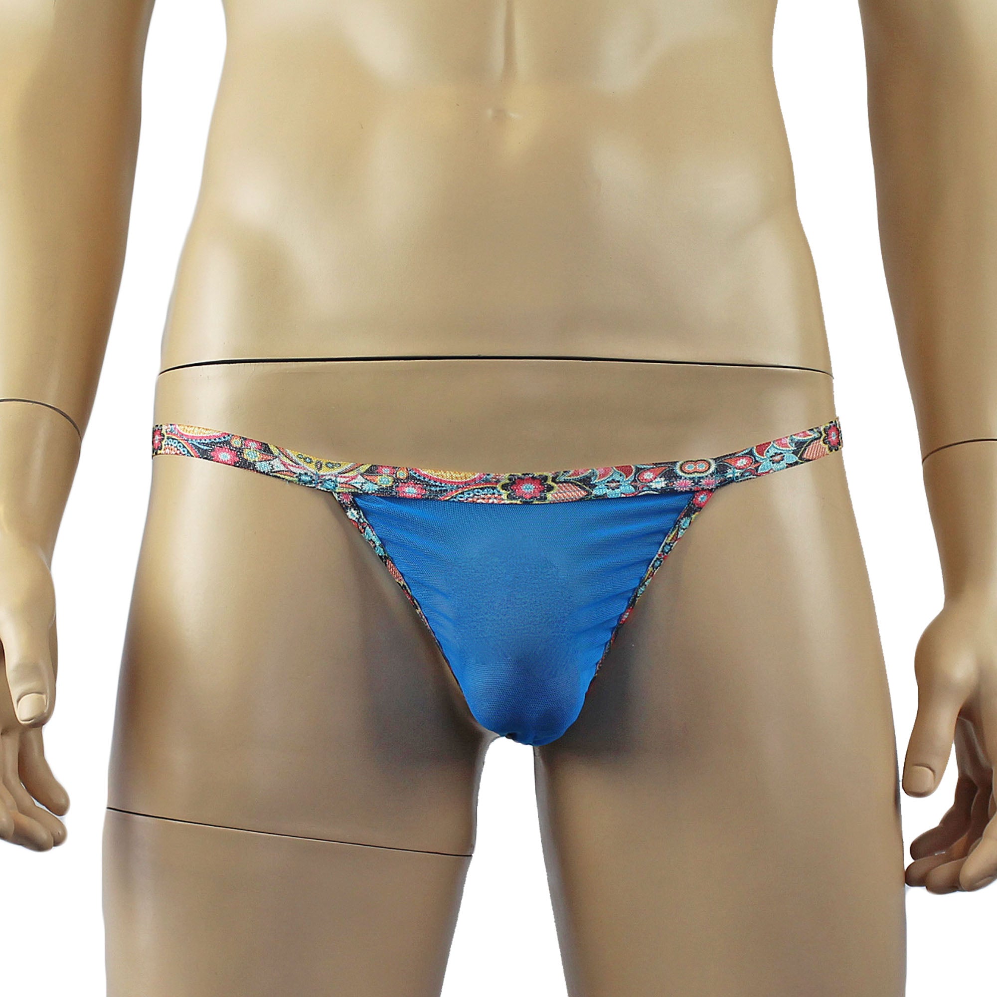 Mens Jaz See Through Mesh Pouch G string with Colourful Trim Sky Blue