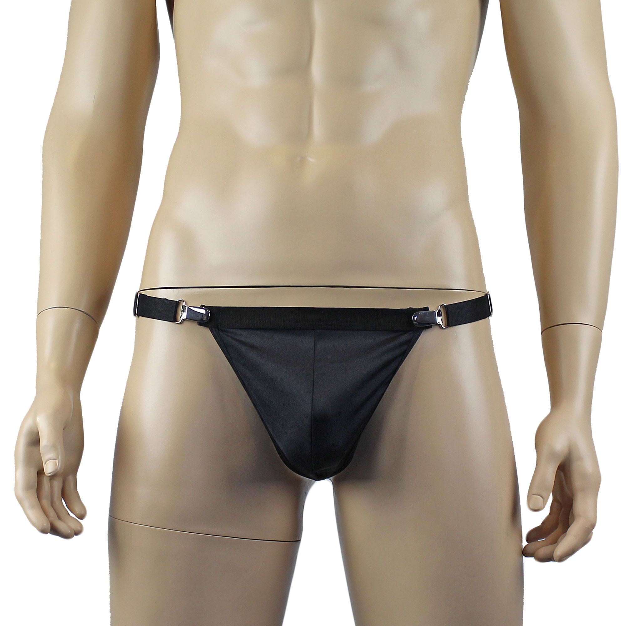 Mens Janice Thong with Adjustable Silver Clip Sides, Detachable Garters & Leg Bands Black