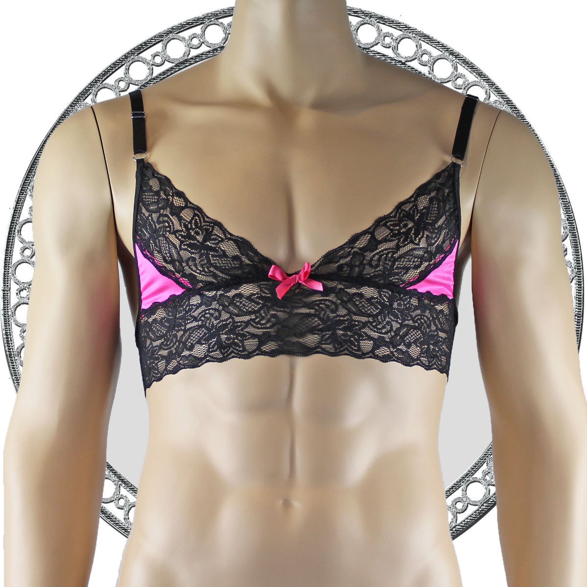 Mens Lace Bra Top Lingerie for Men Hot Pink and Black