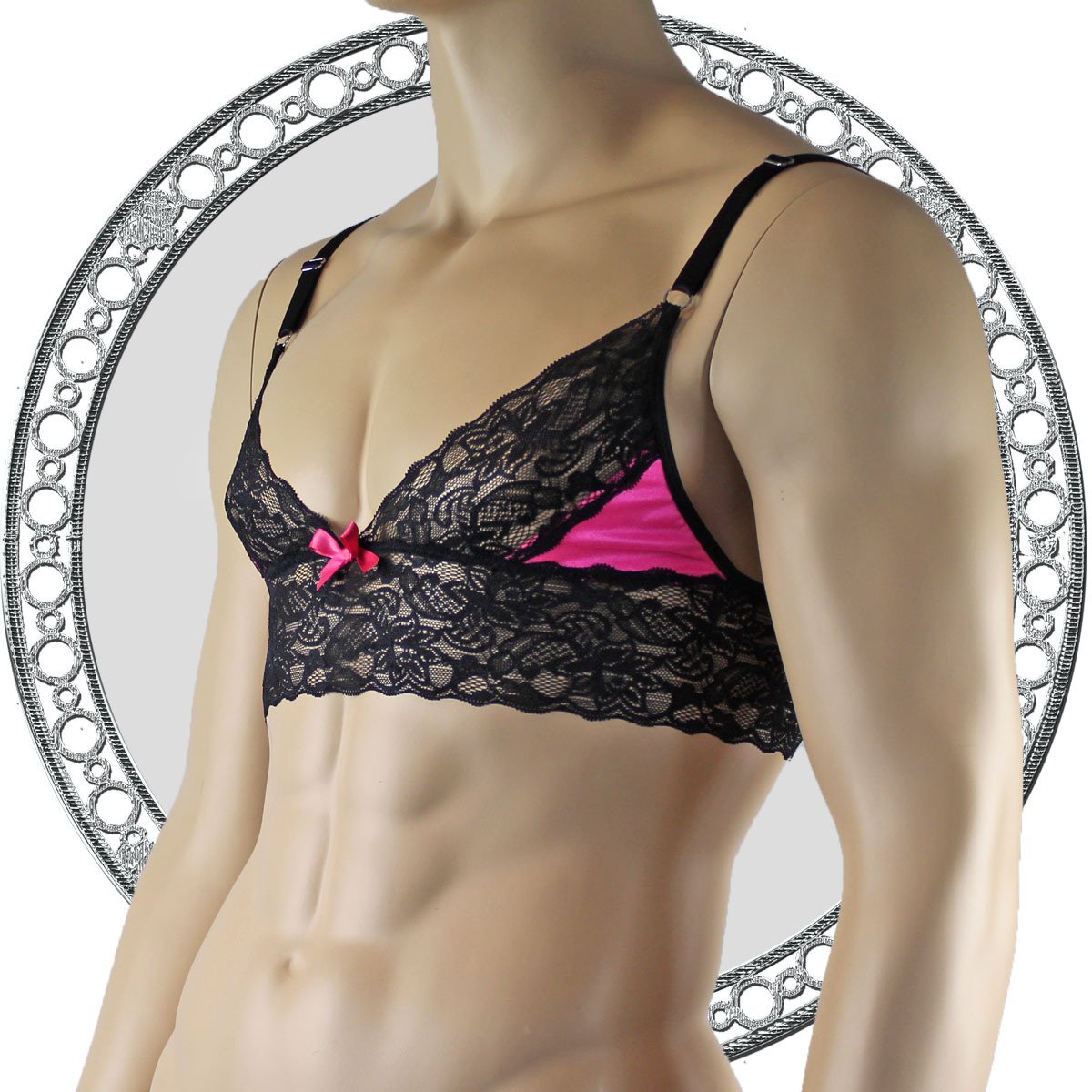 Mens Lace Bra Top Lingerie for Men Hot Pink and Black
