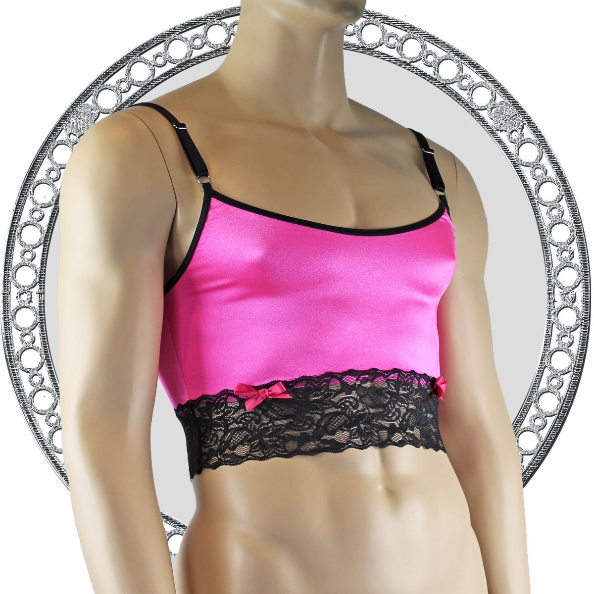 Mens Satin & Lace Crop Cami Top Hot Pink and Black