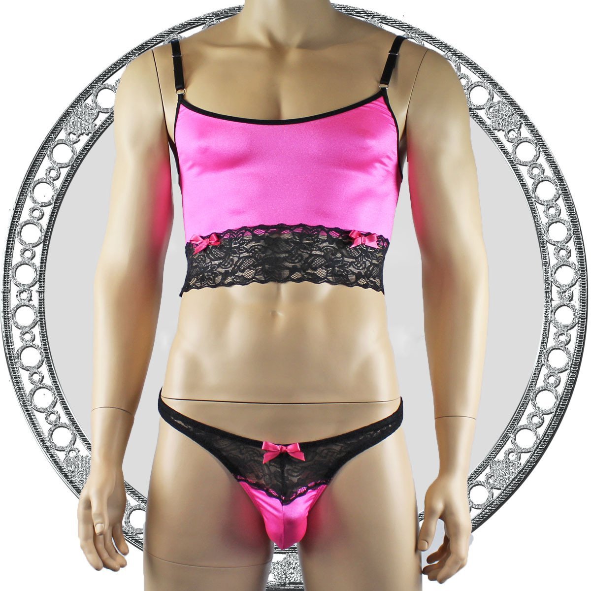 Mens Satin & Lace Crop Cami Top with Sexy Thong Hot Pink and Black