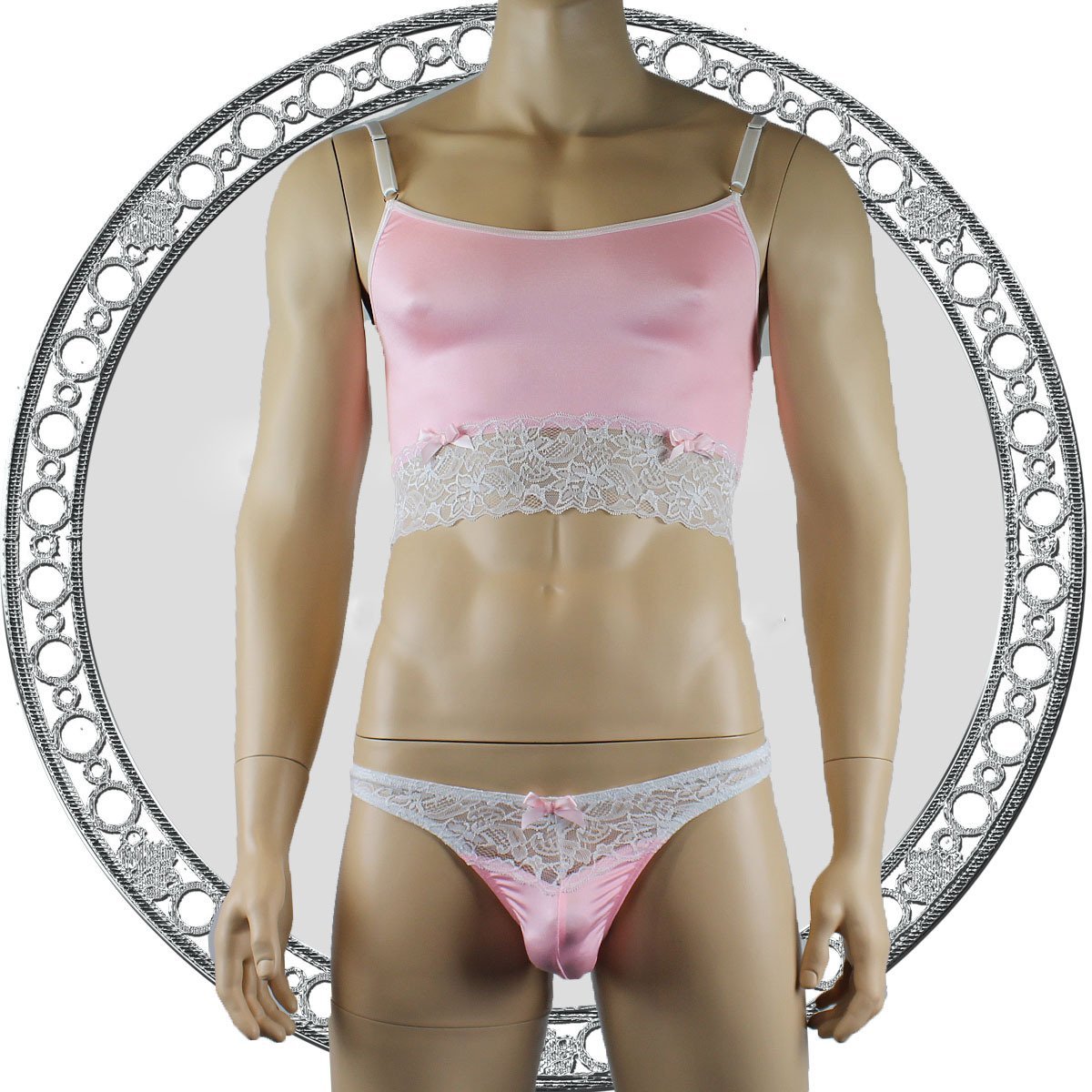 Mens Satin & Lace Crop Cami Top with Sexy Thong Pink and White