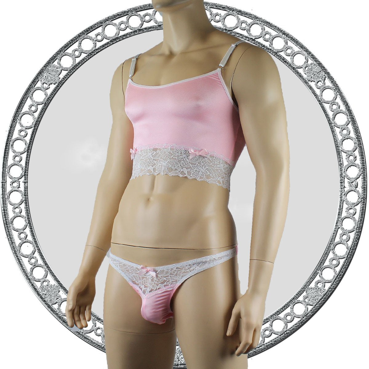 Mens Satin & Lace Crop Cami Top with Sexy Thong Pink and White