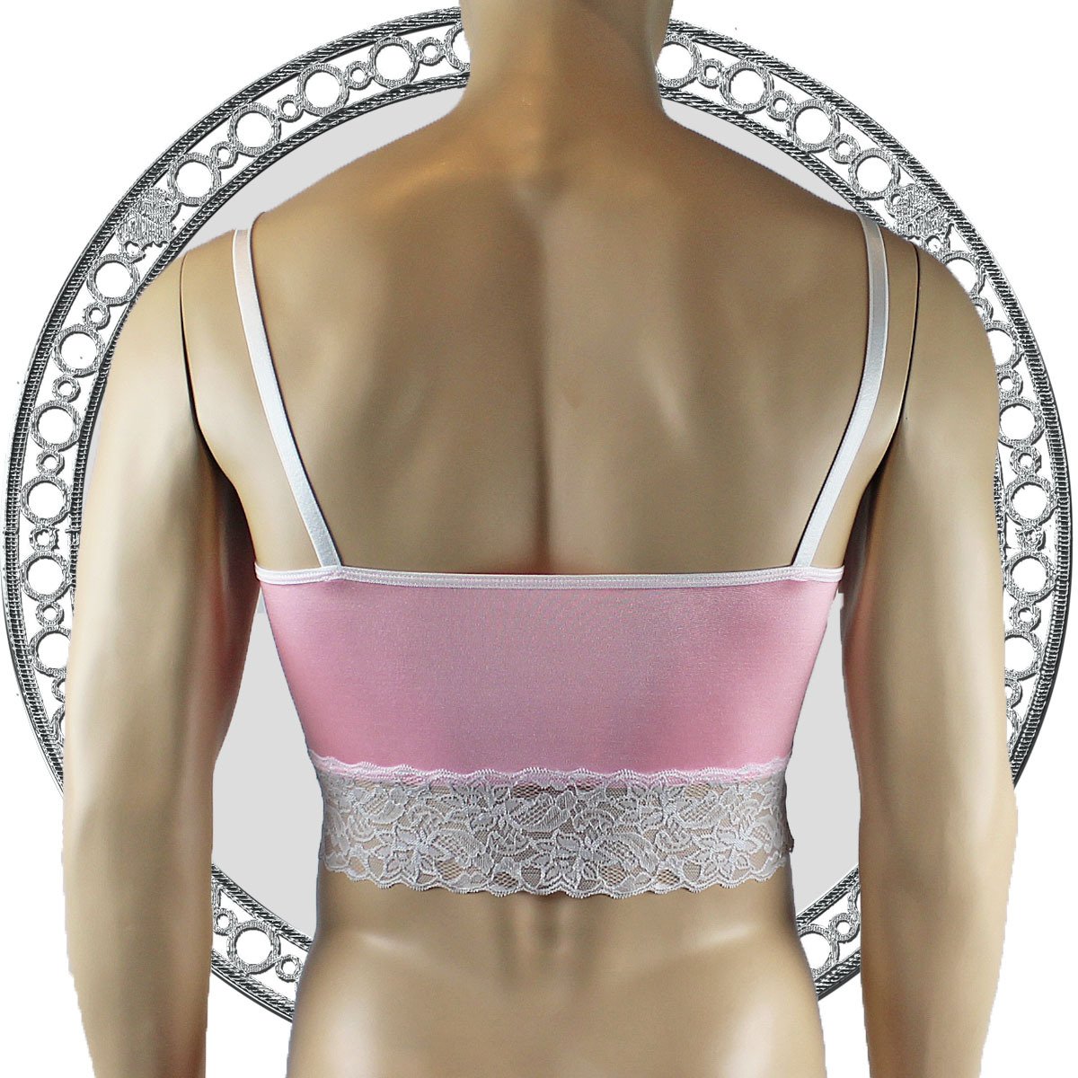 Mens Satin & Lace Crop Cami Top with Sexy Thong Pink and White