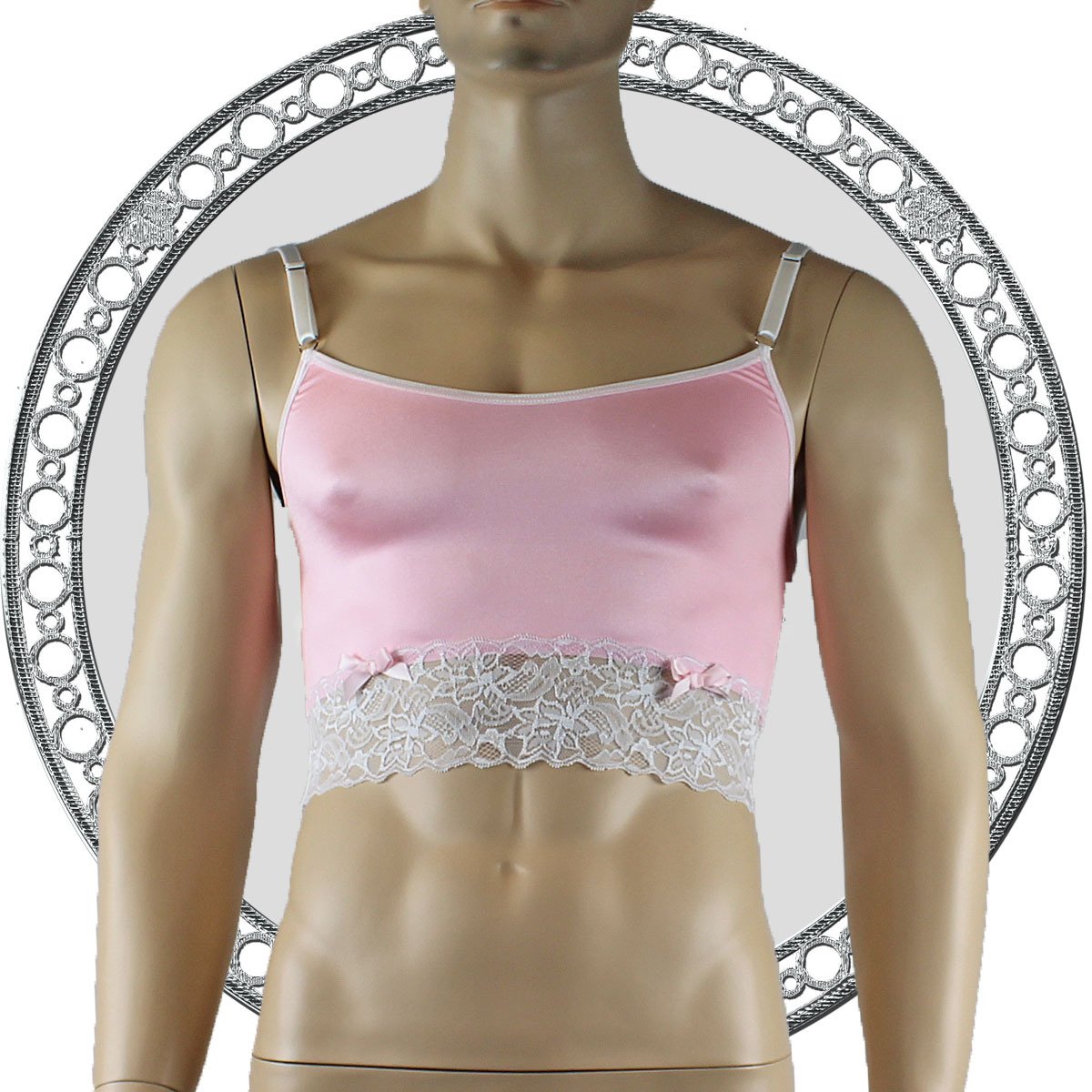 Mens Satin & Lace Crop Cami Top Pink and White