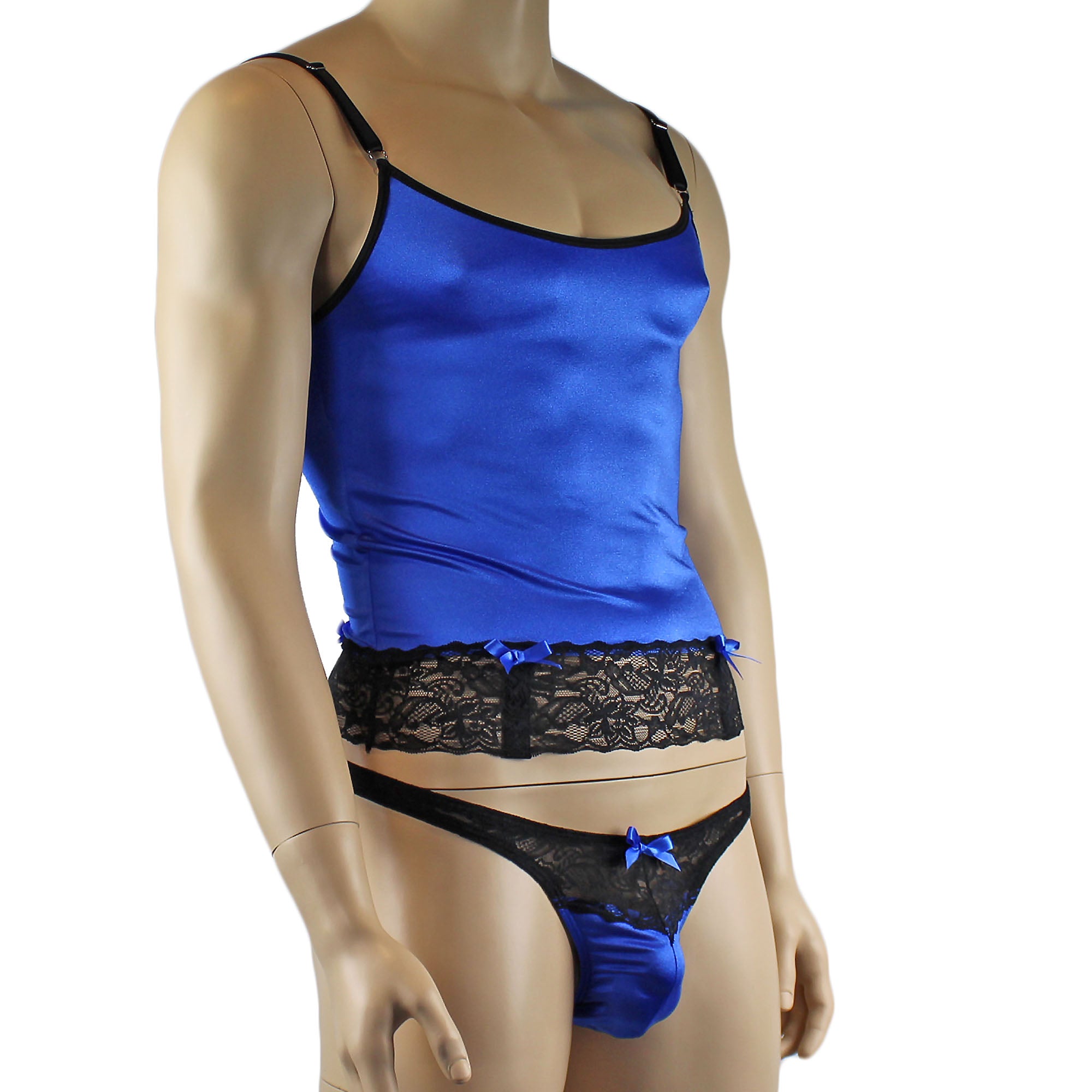 Mens Joanne Camisole Bustier Garter Top with Thong & Stockings Sizes up to 3XL Blue and Black Lace