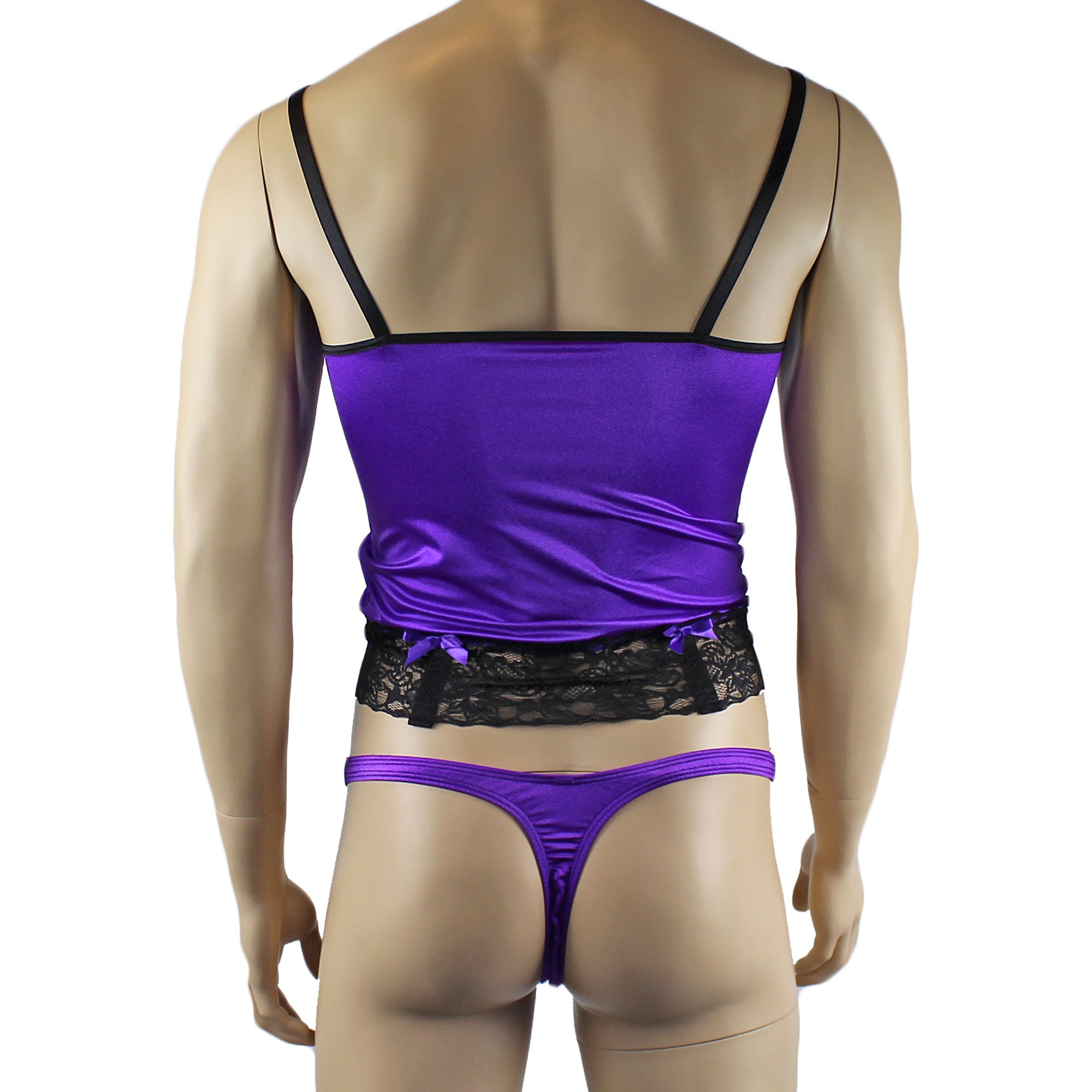 Mens Joanne Camisole Bustier Garter Top with Thong & Stockings - Sizes up to 3XL Purple and Black Lace
