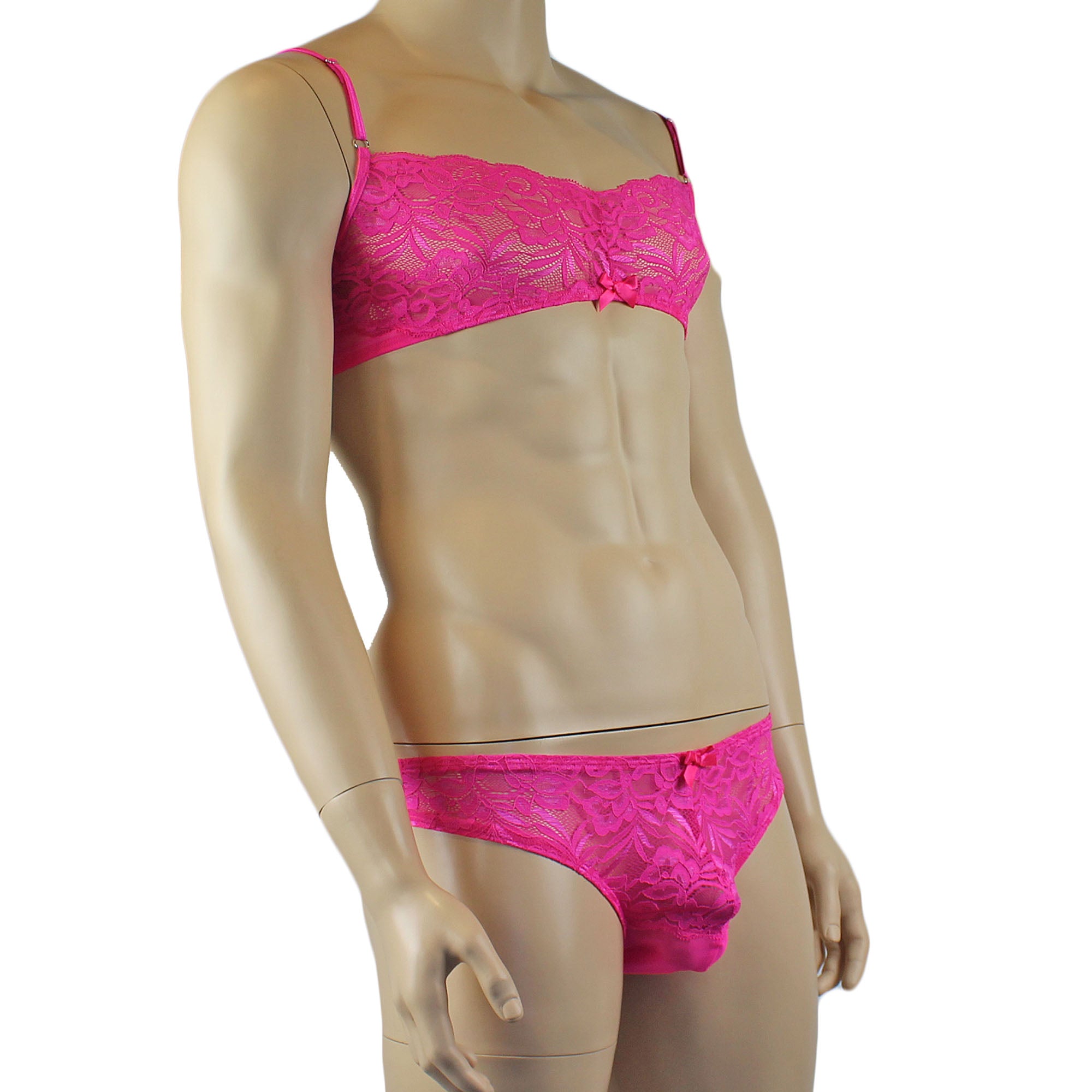 Mens Kristy Lace & Mesh Bra Top and Bikini Brief Hot Pink