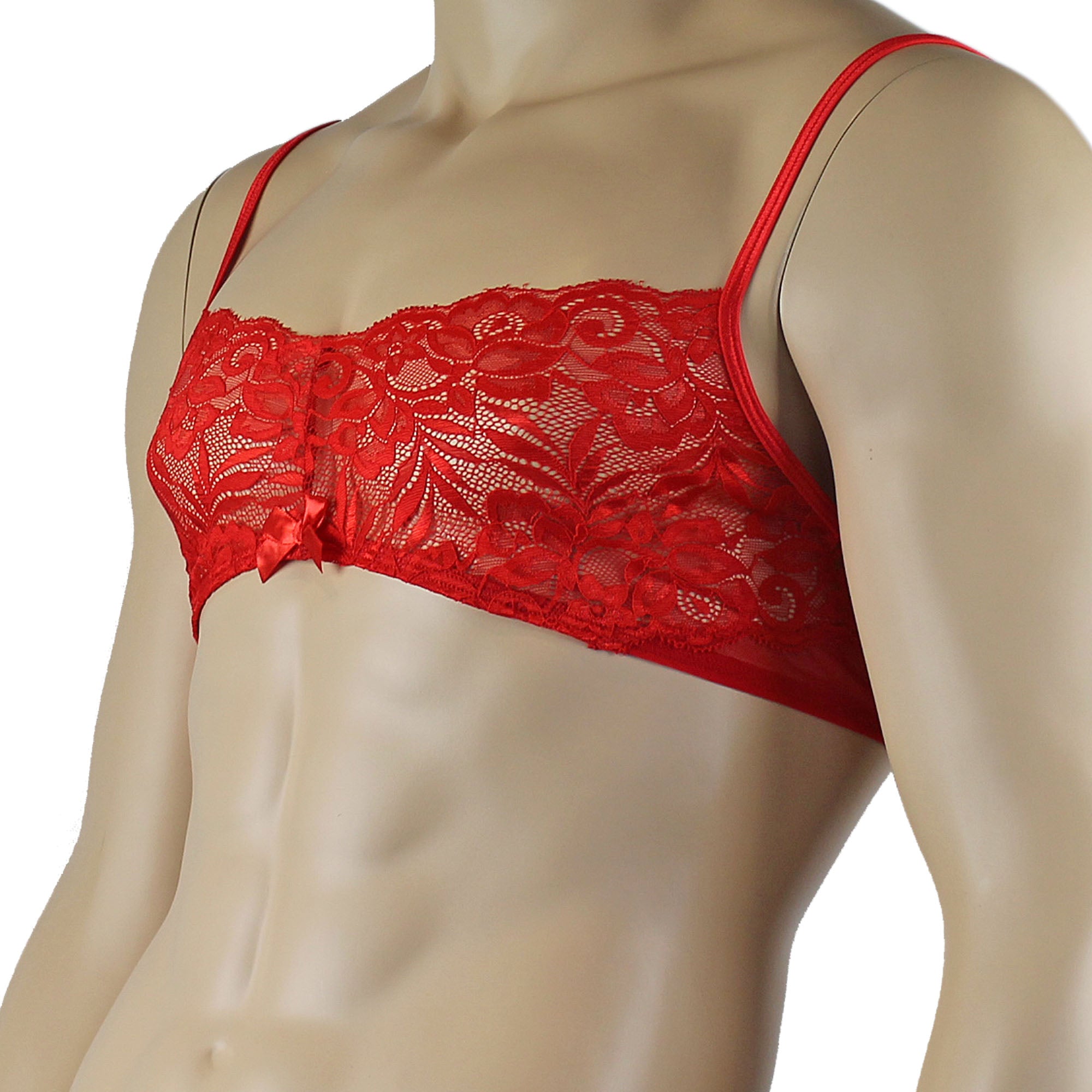 Mens Kristy Lace & Mesh Bra Top with thin Straps Red