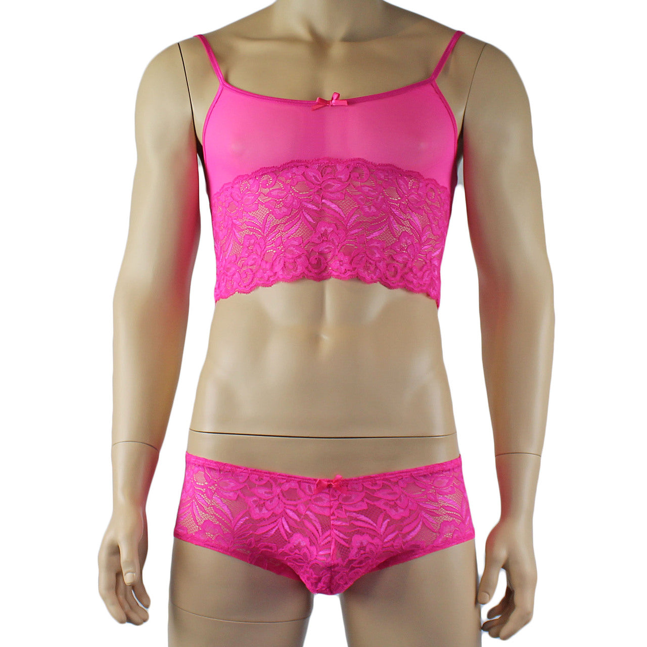 Mens Kristy Sexy Lace Camisole Top and Panty Brief Hot Pink