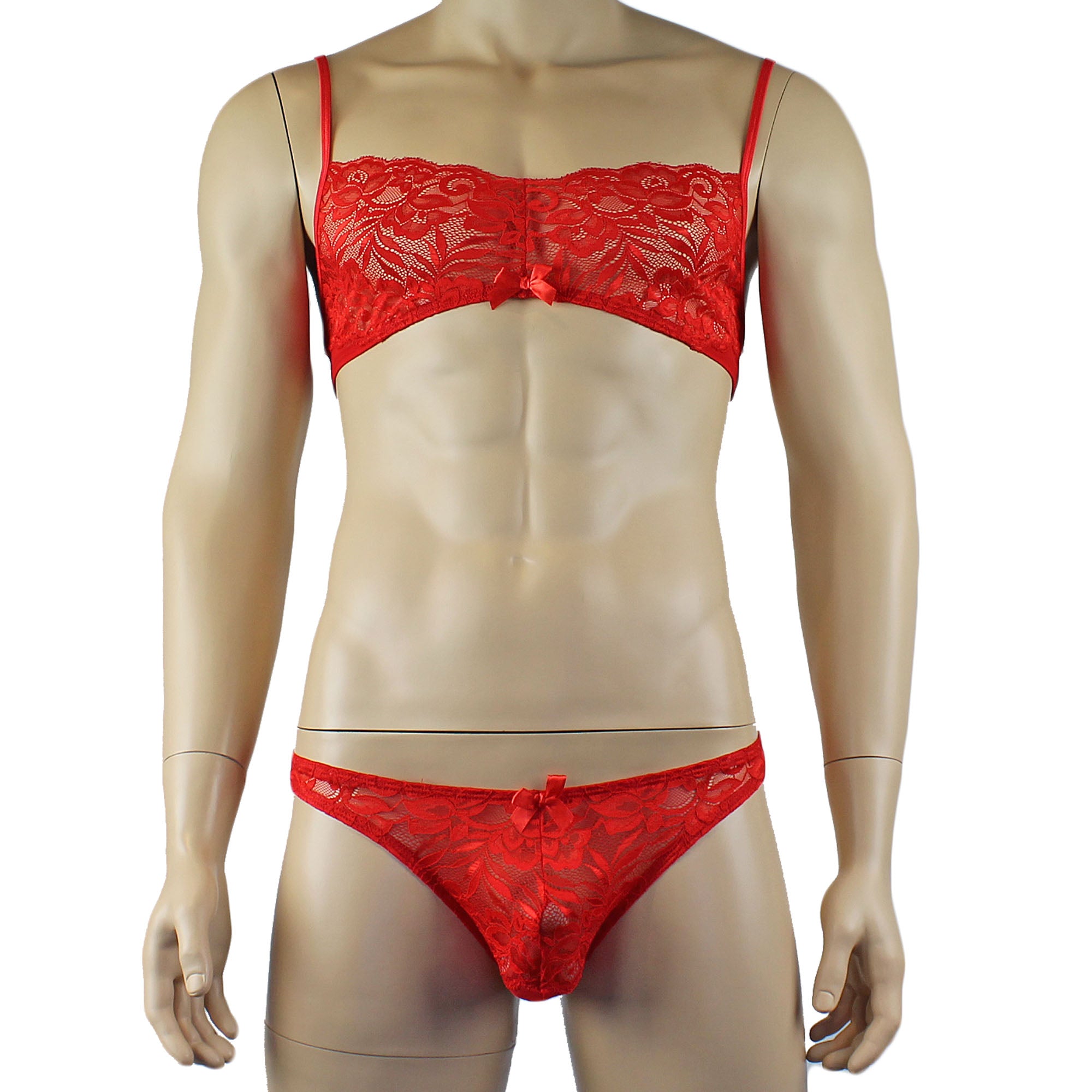 Mens Kristy Lace & Mesh Bra Top and Thong Panty Red