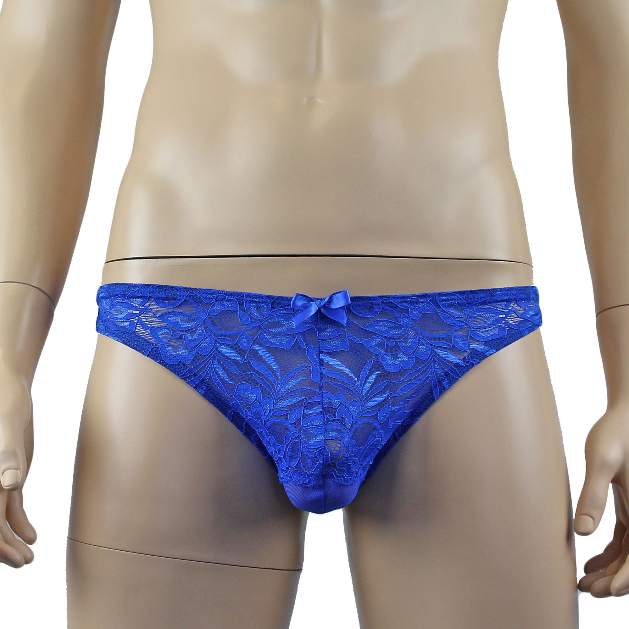 Mens Kristy Sexy Lace Thong Panties with Stretch Mesh Back Blue