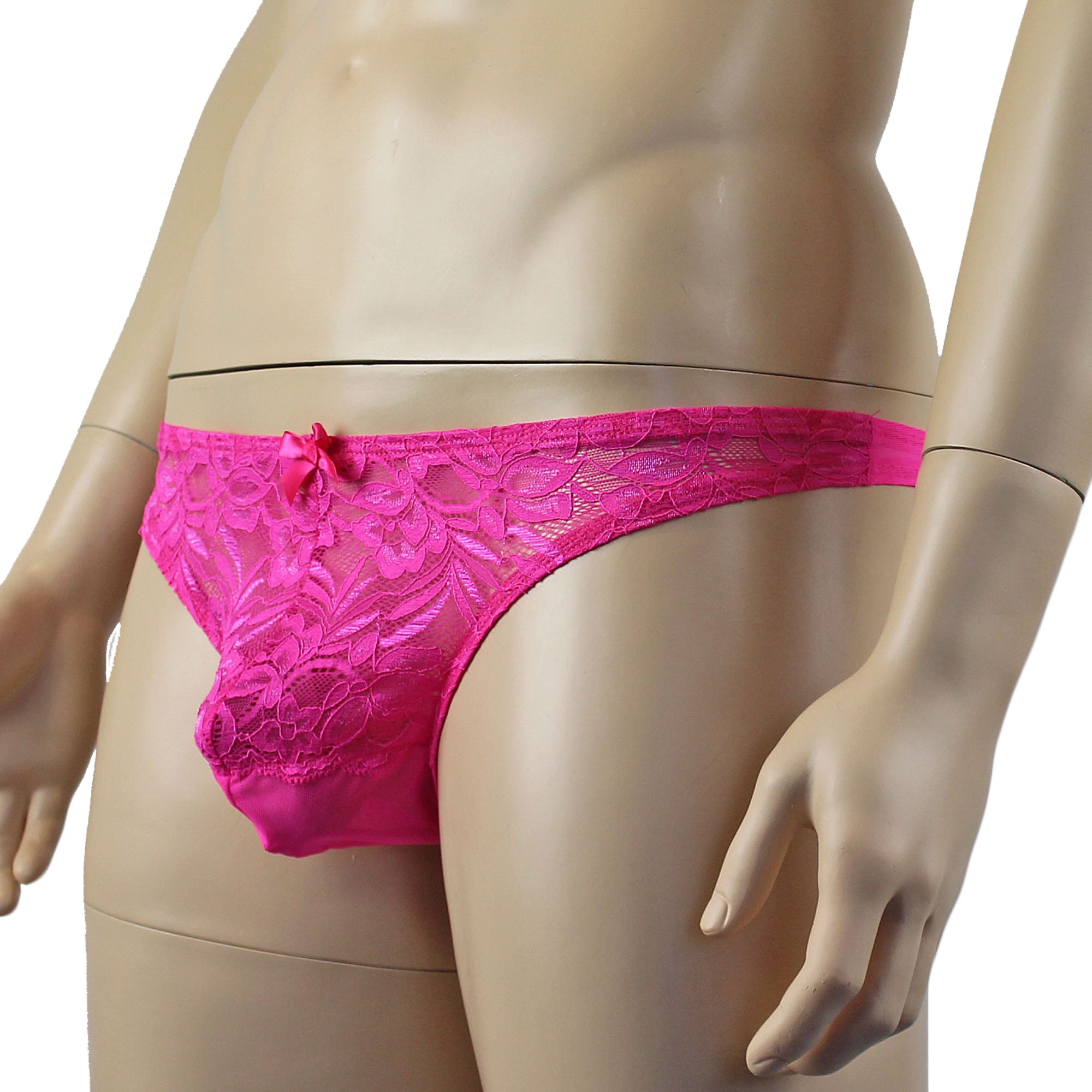 Mens Kristy Sexy Lace Thong Panties with Stretch Mesh Back Hot Pink