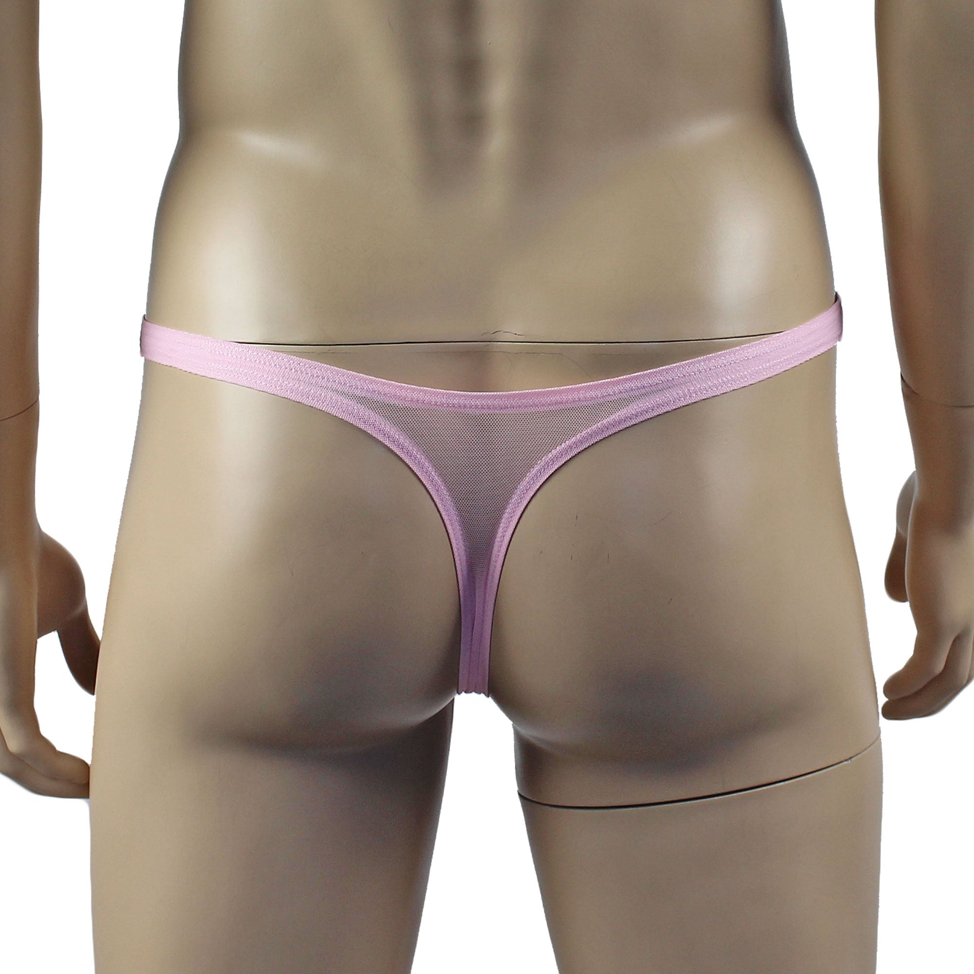 Mens Kristy Sexy Lace Thong Panties with Stretch Mesh Back Light Pink