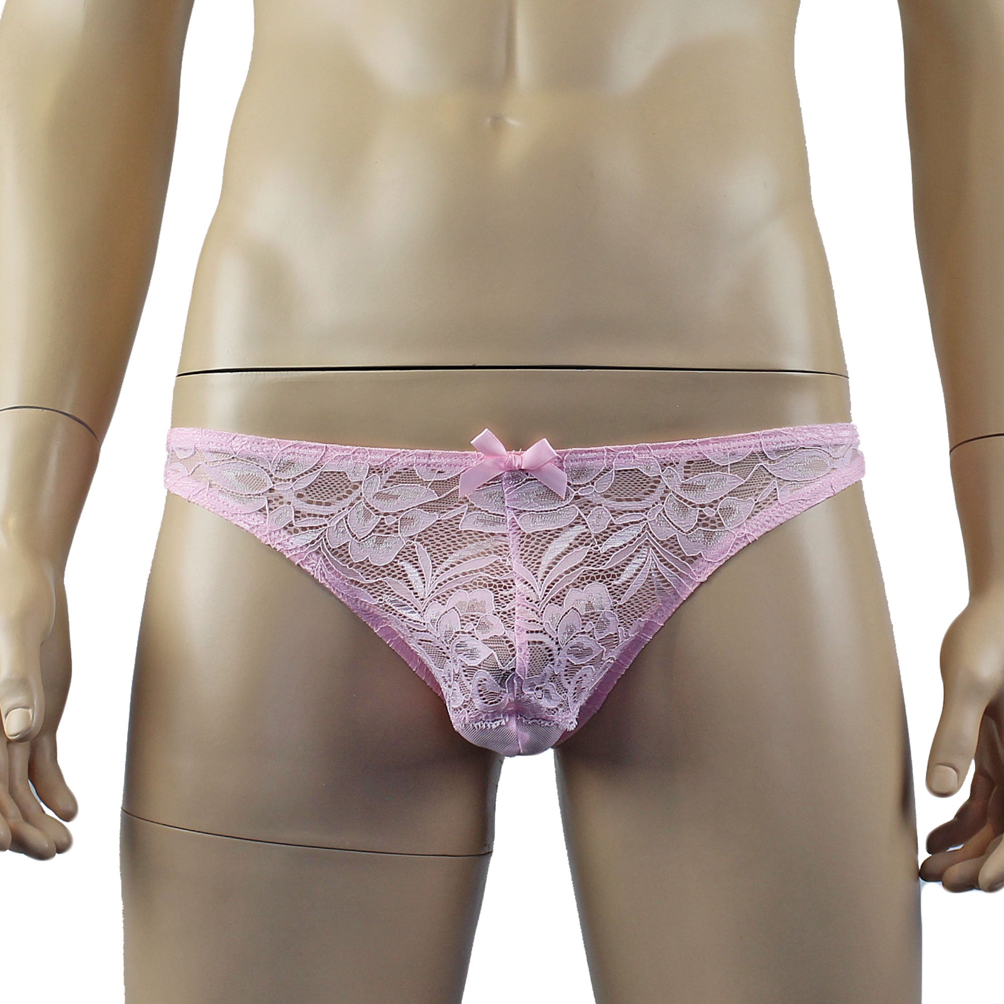 Mens Kristy Sexy Lace Thong Panties with Stretch Mesh Back Light Pink