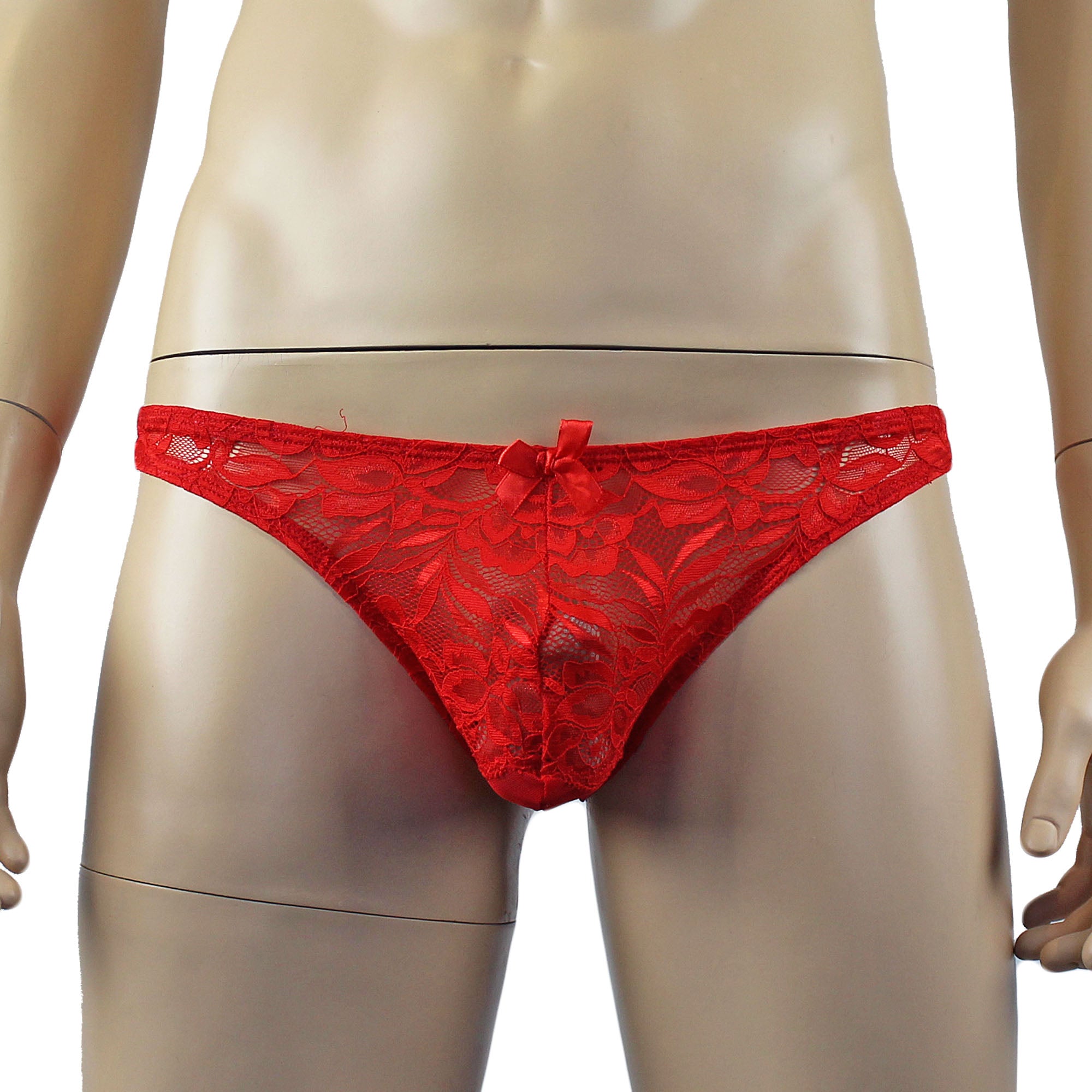 Mens Kristy Sexy Lace Thong Panties with Stretch Mesh Back Red