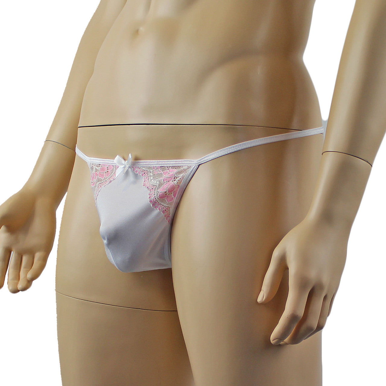 Mens Luxury Stretch G string with Lace Piece Front White