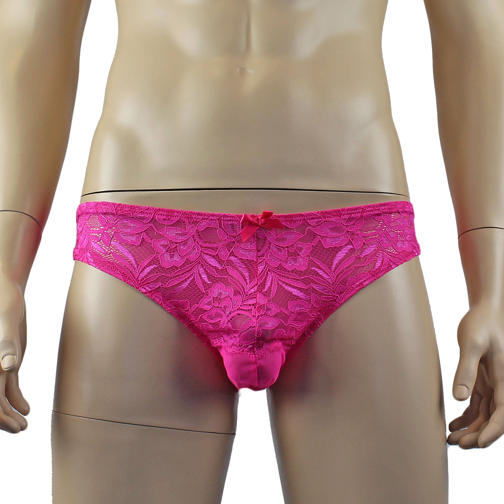 Mens Kristy Sexy Lace Bikini Brief Panties with See through Back Hot Pink