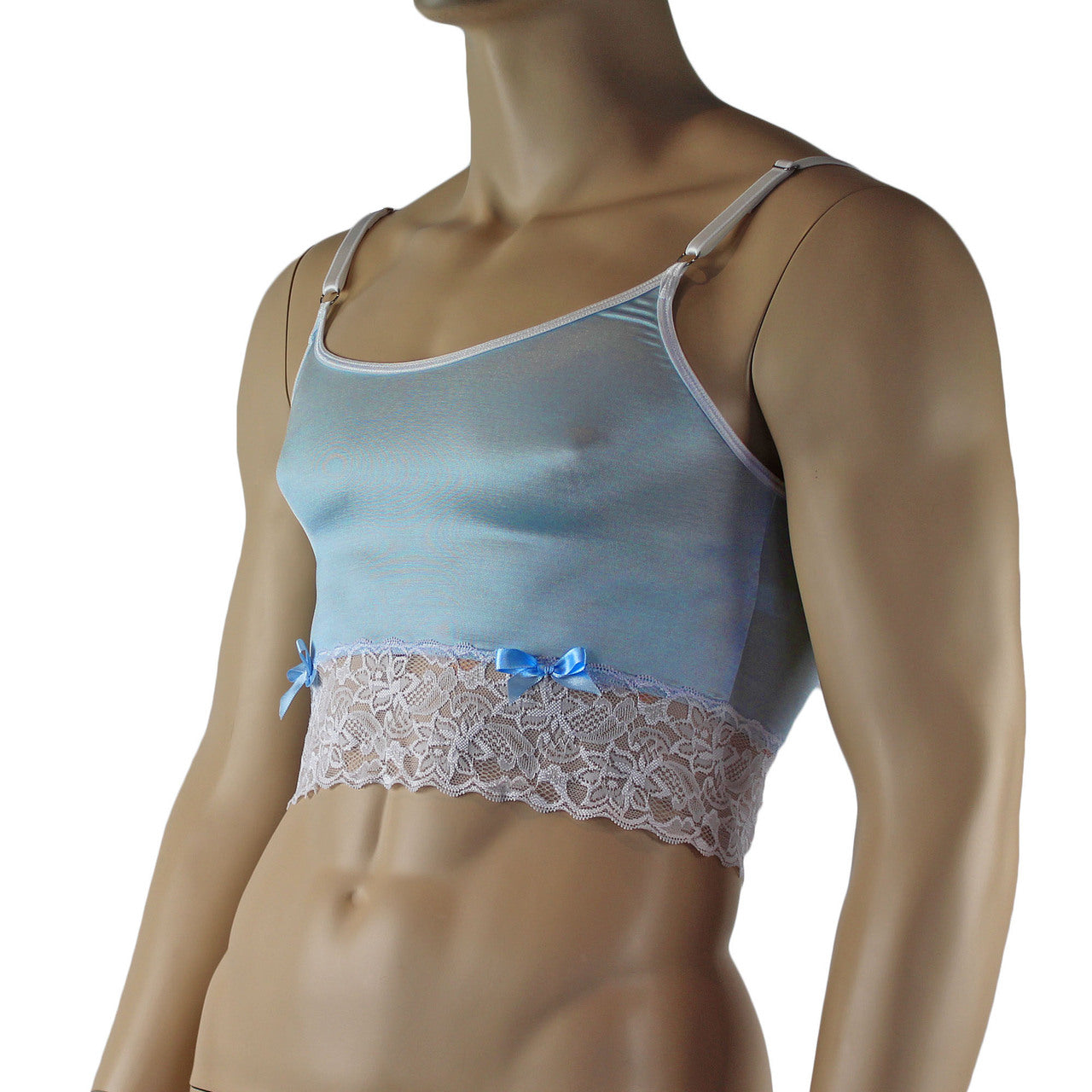Mens Joanne Satin & Lace Crop Cami Top - Sizes up to 3XL Light Blue and White Lace