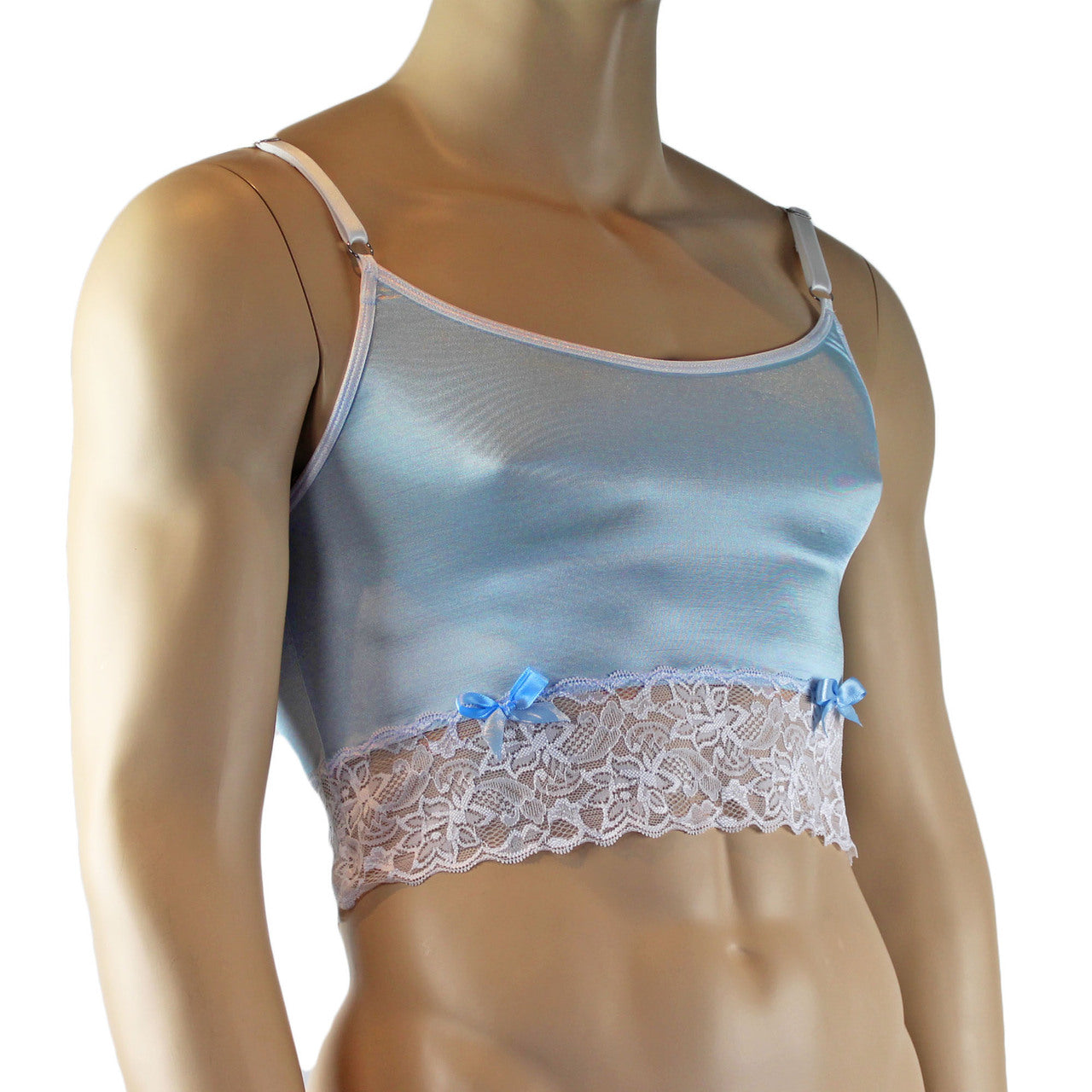 Mens Joanne Satin & Lace Crop Cami Top - Sizes up to 3XL Light Blue and White Lace