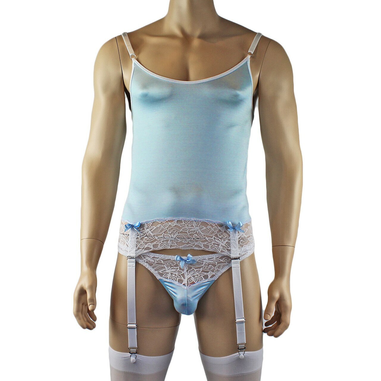 Mens Joanne Camisole Bustier Garter Top with Thong & Stockings - Sizes up to 3XL Light Blue and White Lace