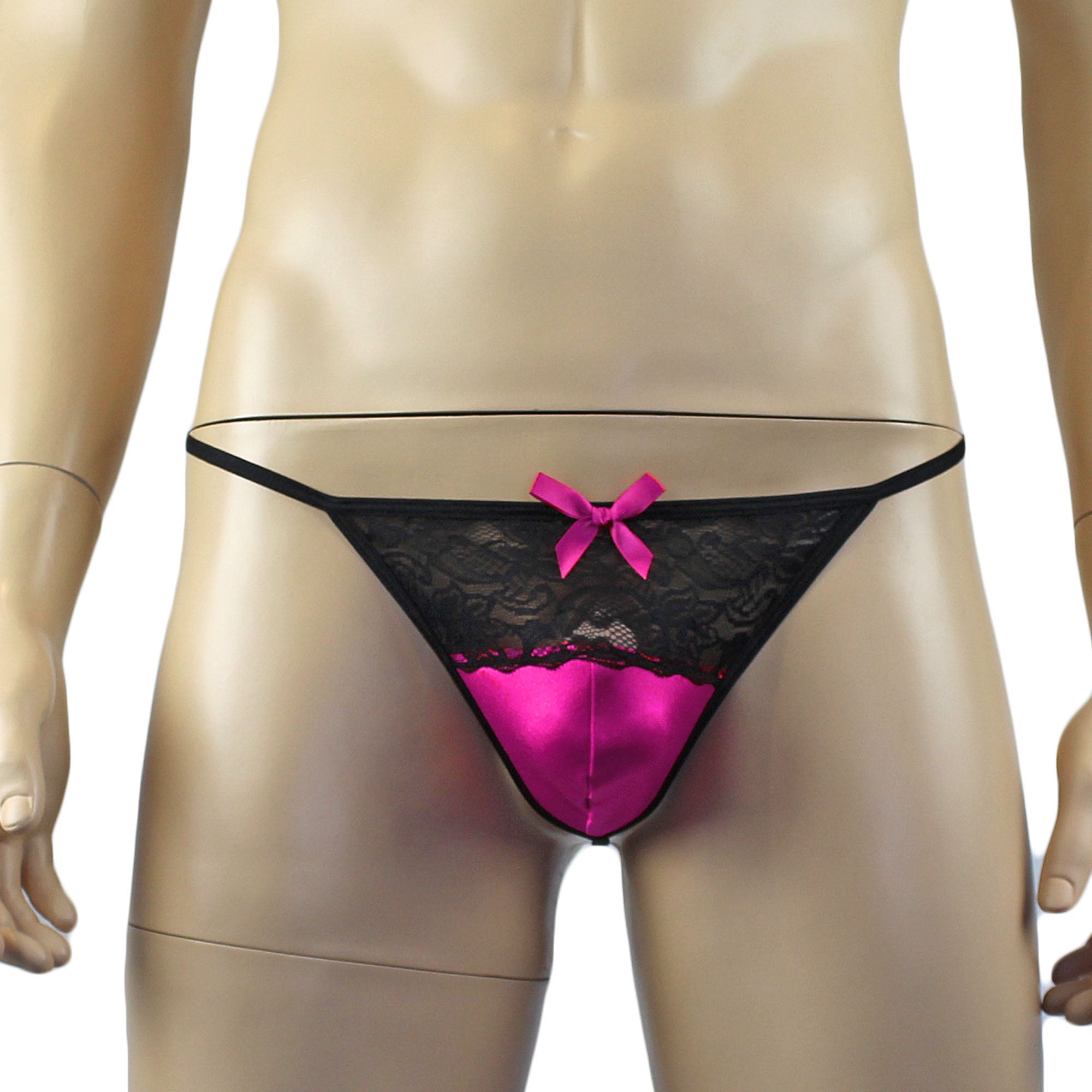 Mens Joanne Lacey G string with Bow Hot Pink and Black Lace