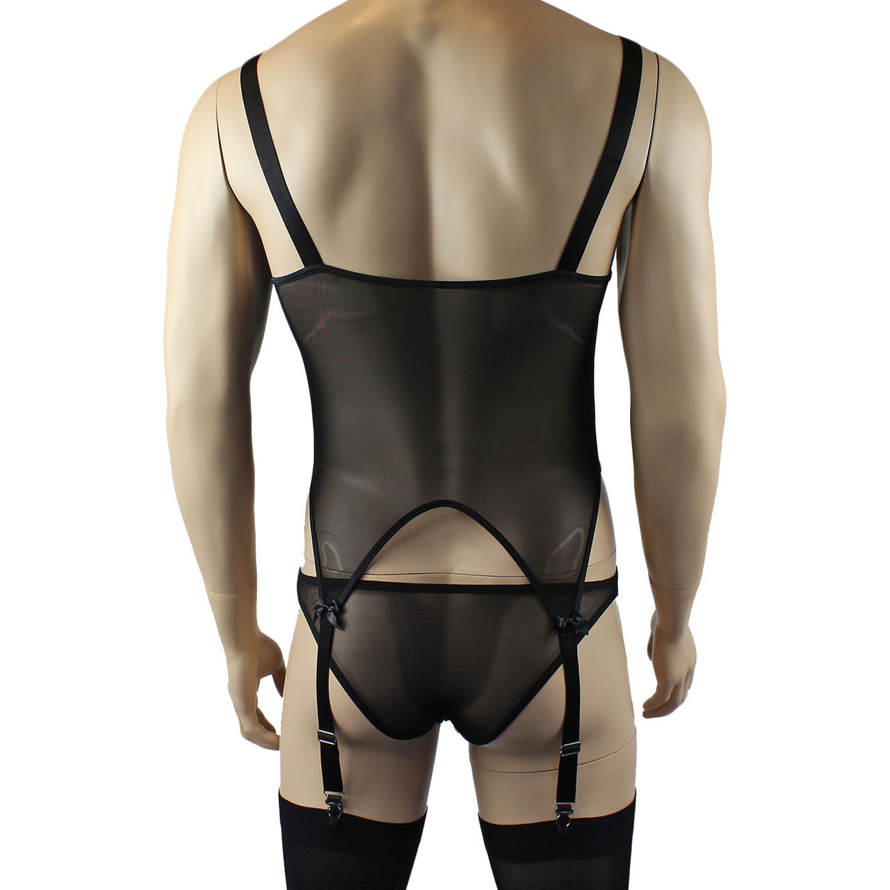 Mens Exotic Corset Top, Brief & Stockings - Sizes up to 3XL Black