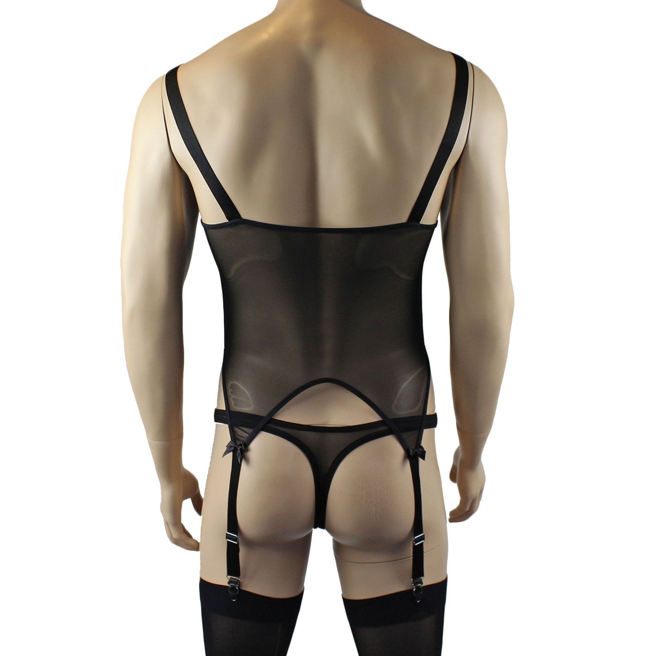 Mens Exotic Corset Top, Thong & Stockings - Sizes up to 3XL (black plus other colours)