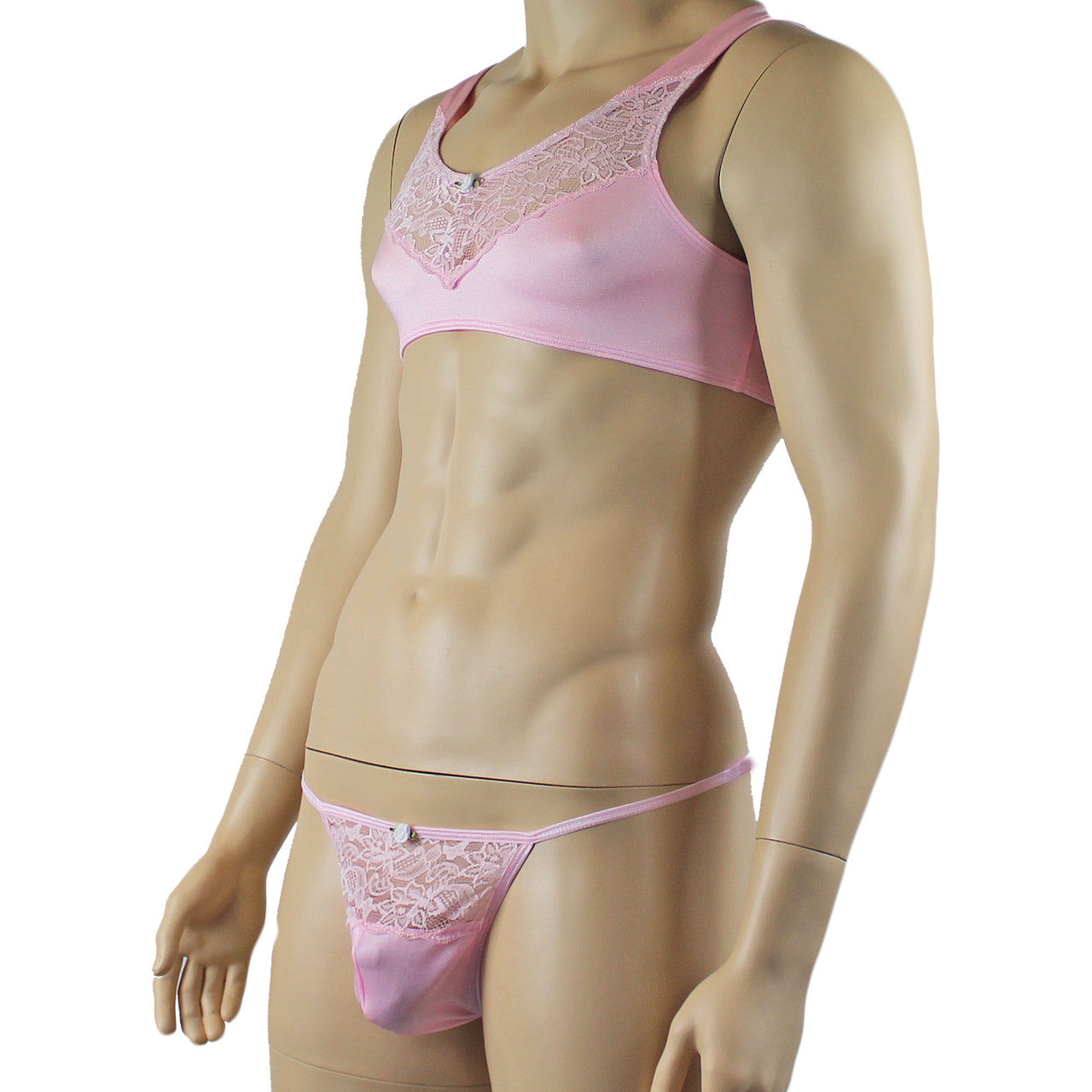 Male Penny Lingerie Bra Top with V Lace front and Pouch G string Light Pink