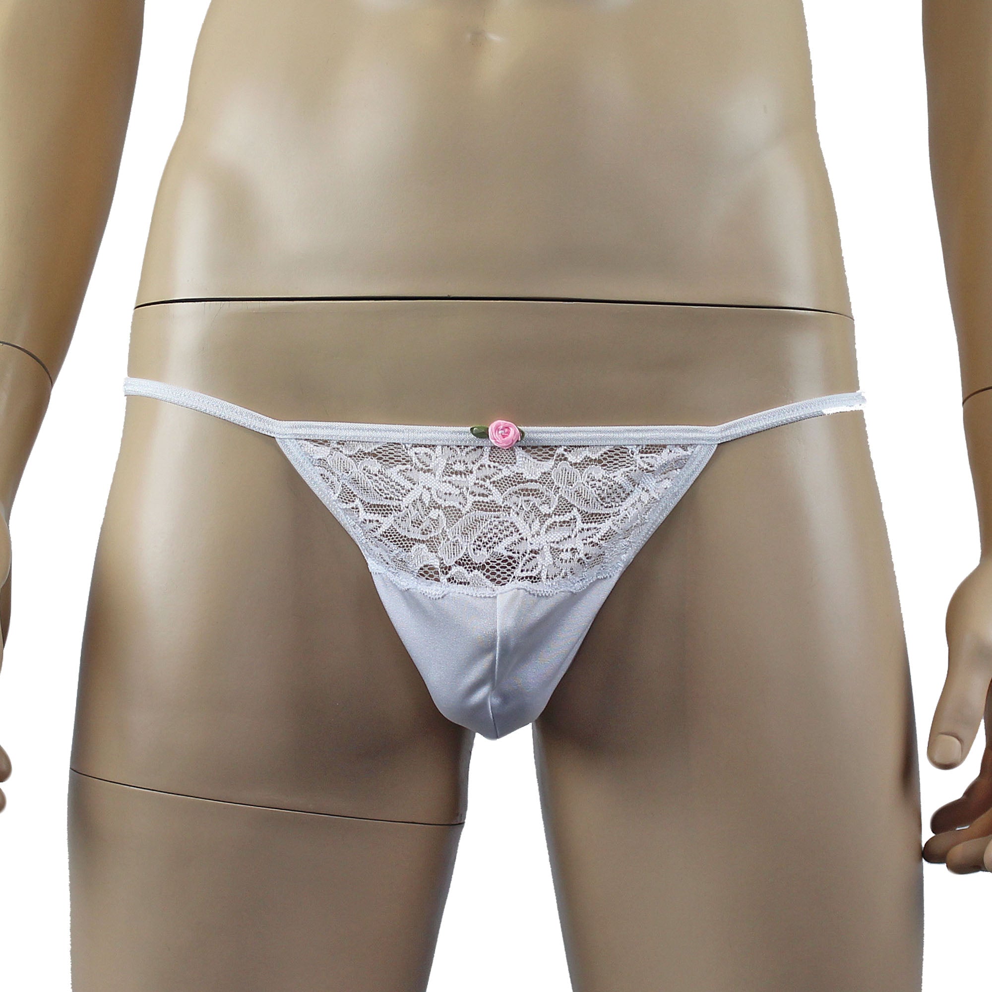 Male Penny Lingerie Stretch Spandex Pouch G string with Lace White