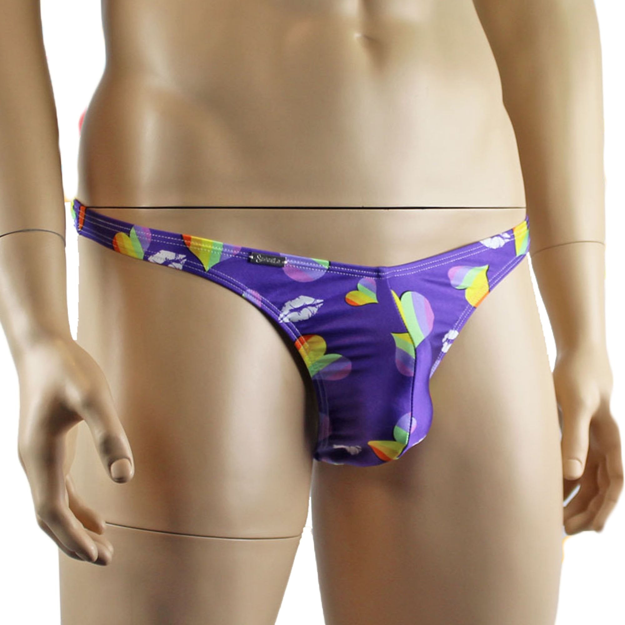 Gay Pride Hearts Mens Rainbow Love Hearts and Kisses G string Thong