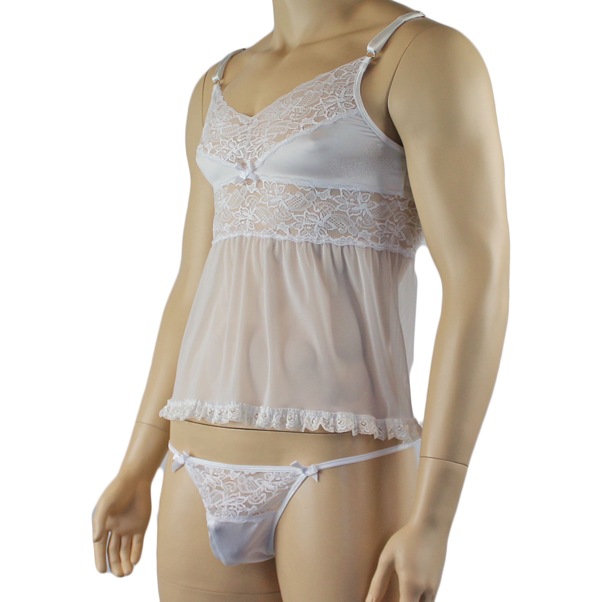 Male Romance Stretch Spandex Mini Babydoll Camisole & G string for Lingerie Men White or Black