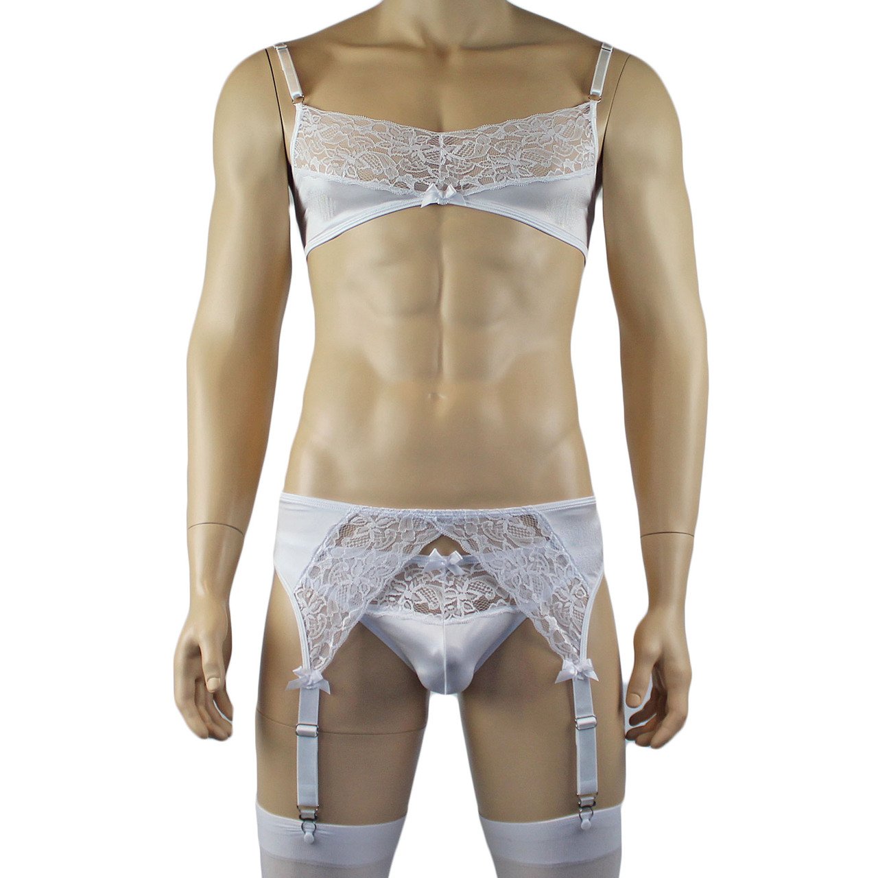 Male Romance Stretch Spandex Bra, G string Thong & Garterbelt (white plus other colours)