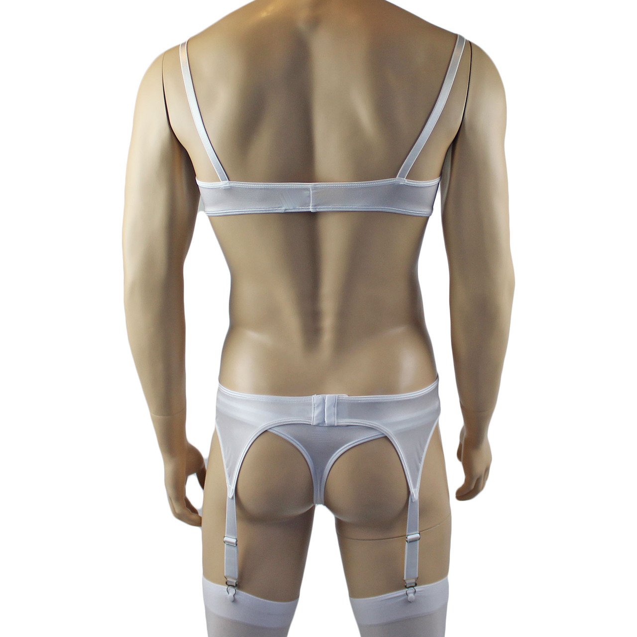 Male Romance Stretch Spandex Bra, G string Thong & Garterbelt (white plus other colours)