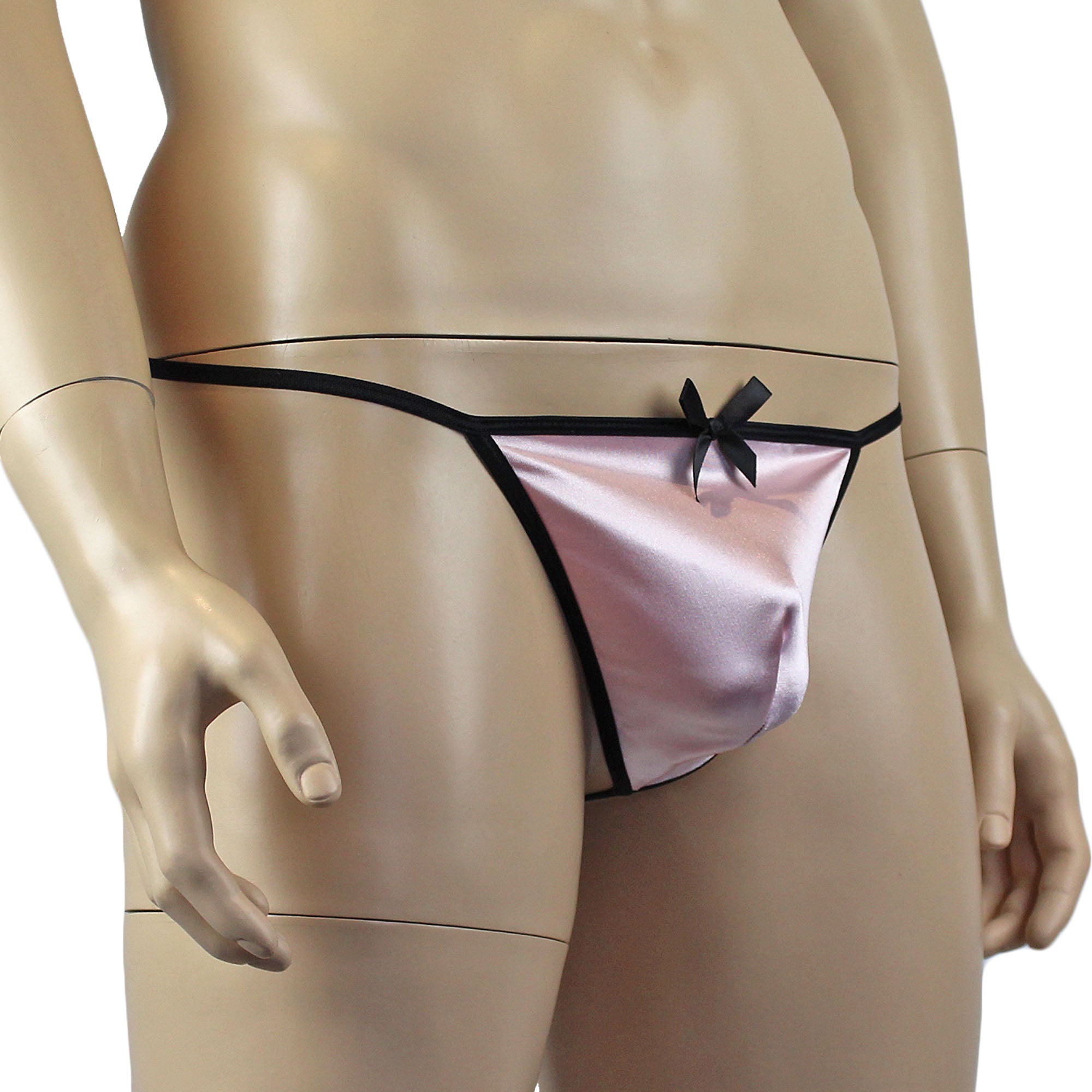 Mens Risque Stretch Satin Pouch G string with Bow Light Pink