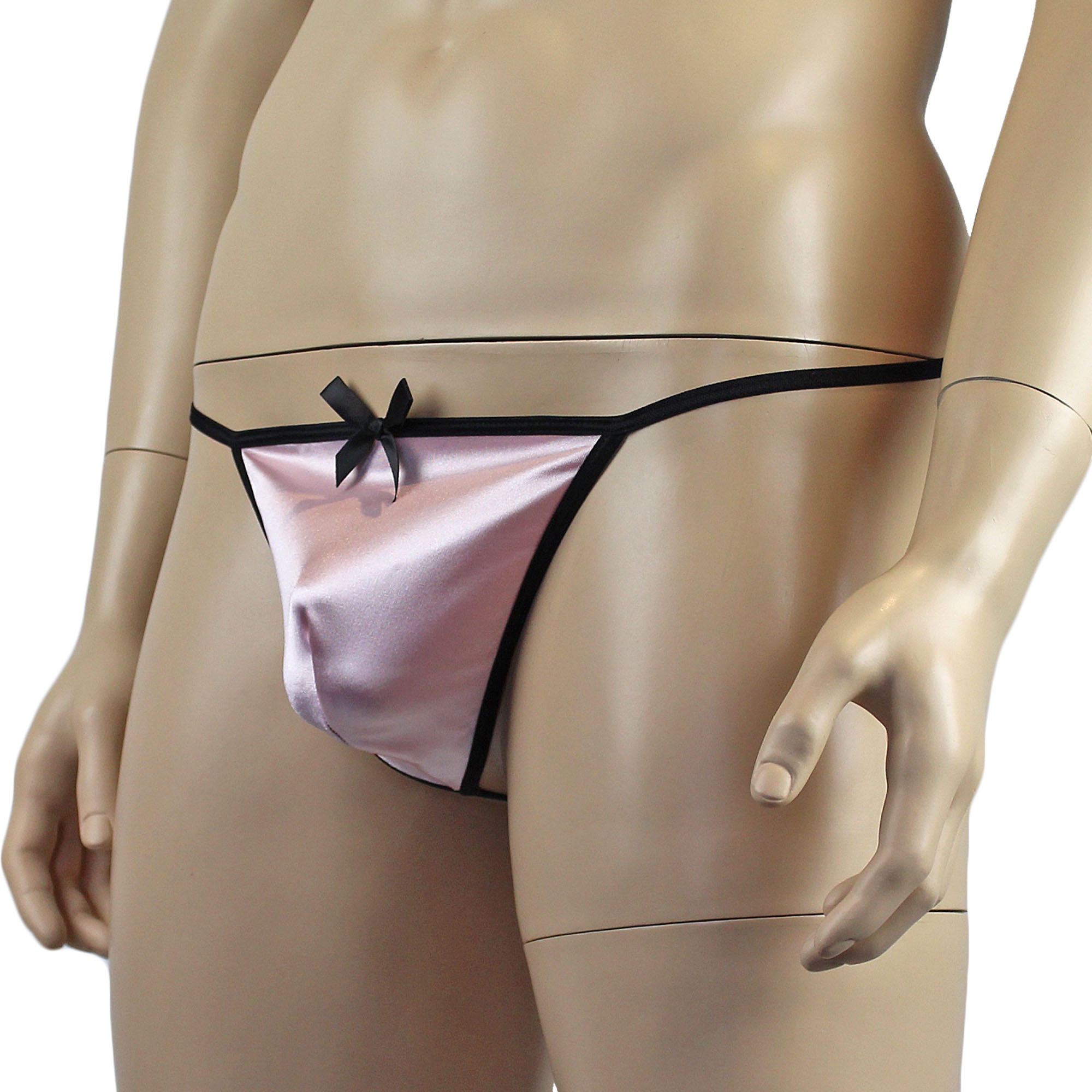 Mens Risque Stretch Satin Pouch G string with Bow Light Pink