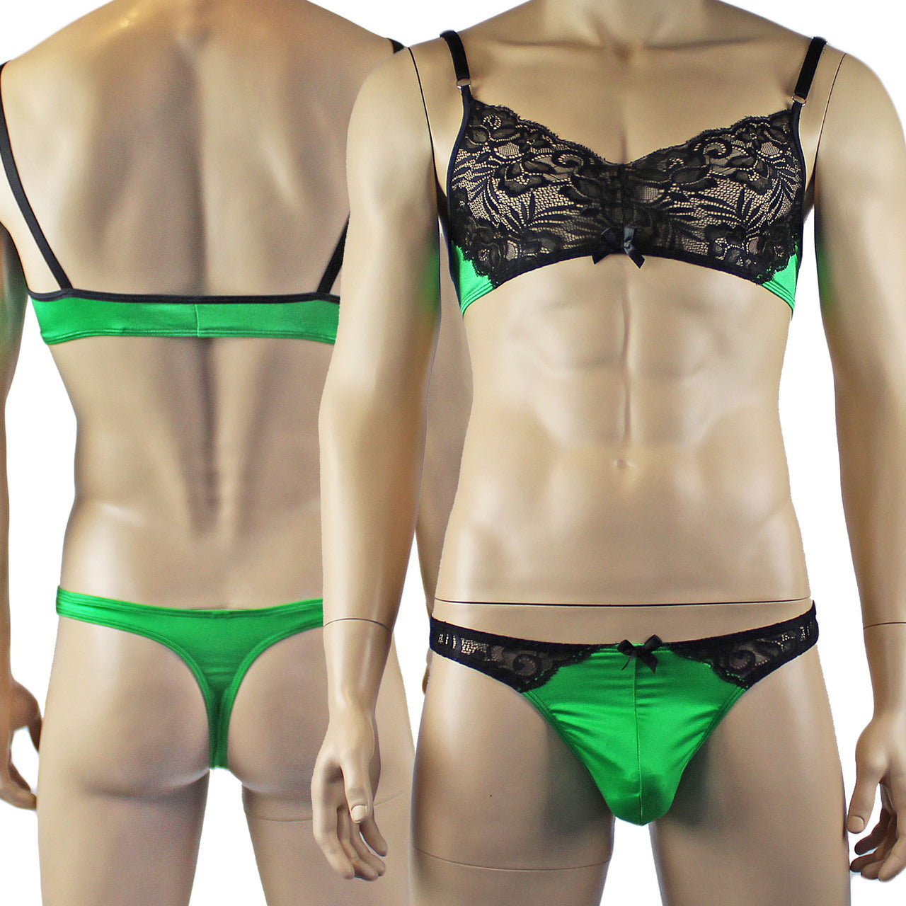 Mens Risque Bra Top and Thong Green and Black Lace