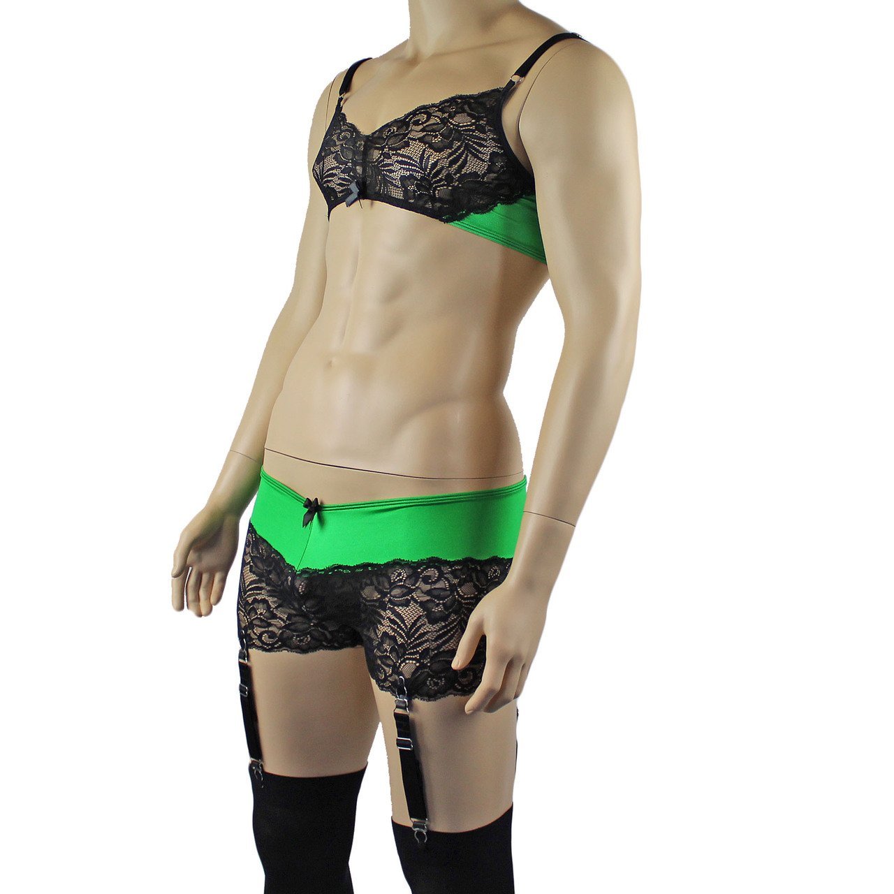 Mens Risque Bra Top, Boxer Briefs with Detachable Garters & Stockings (green and black plus other colours)