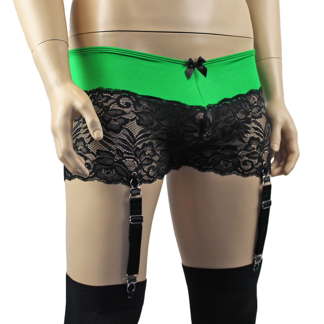 Mens Risque Boxer Briefs with Detachable Garters & Stockings Green and Black Lace