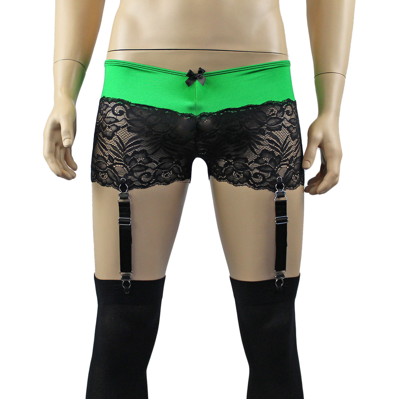 Mens Risque Boxer Briefs with Detachable Garters & Stockings Green and Black Lace