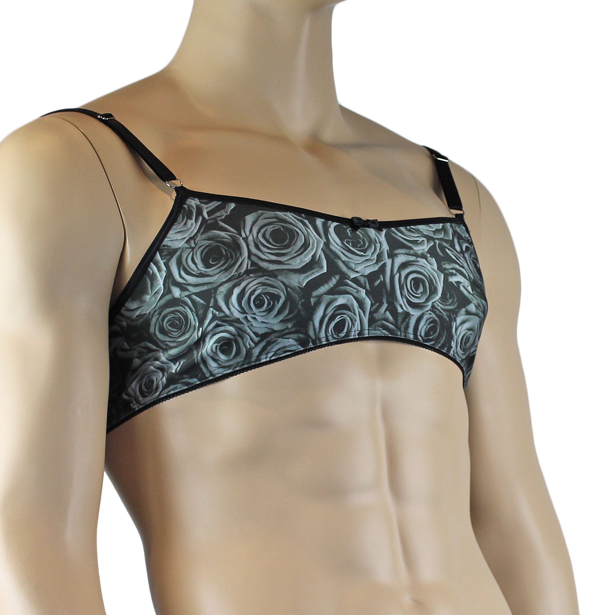 Mens Roses Spandex Bra Top with Frilled Pico Elastic Trim Male Lingerie Grey