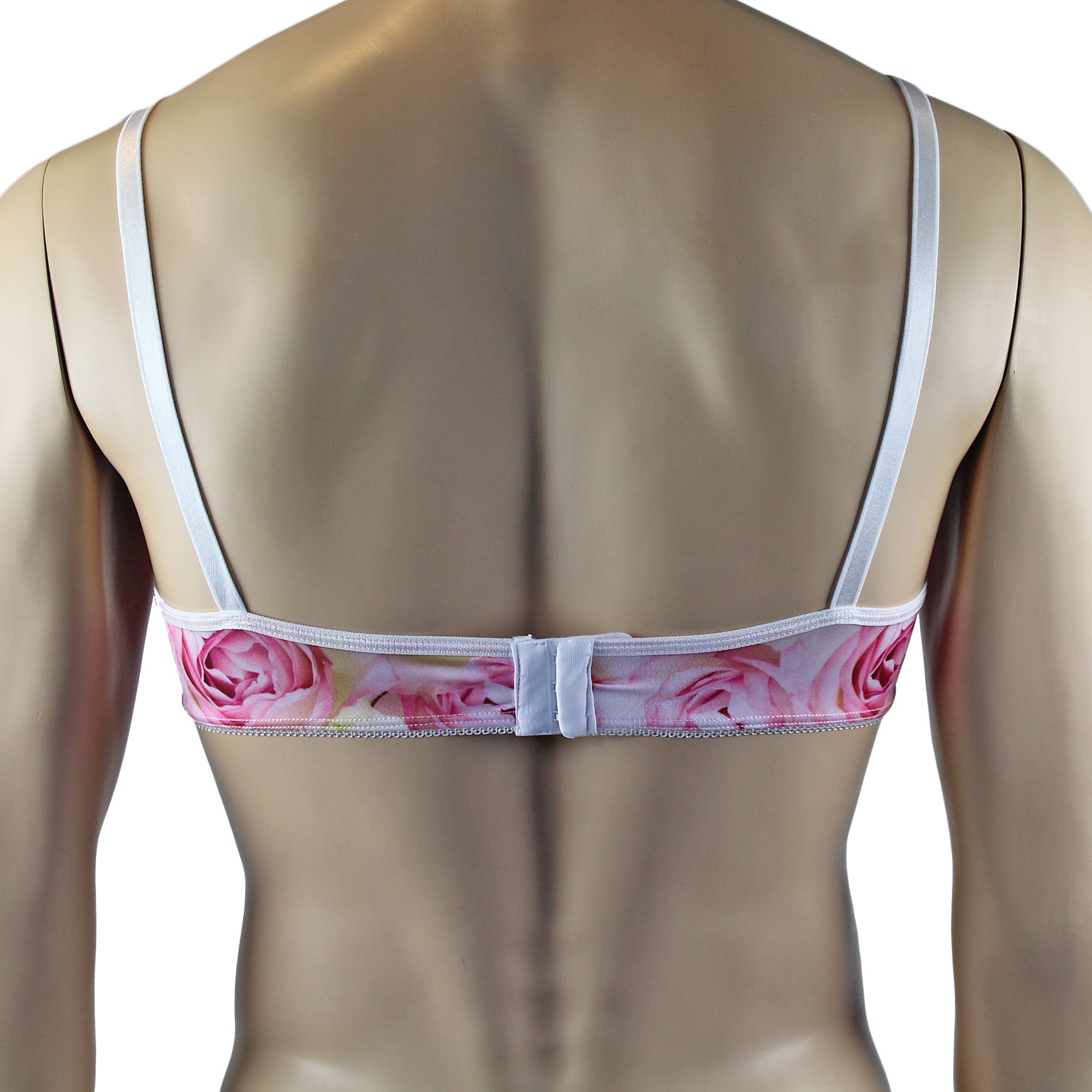 Mens Roses Spandex Bra Top with Frilled Pico Elastic Trim Male Lingerie Pink