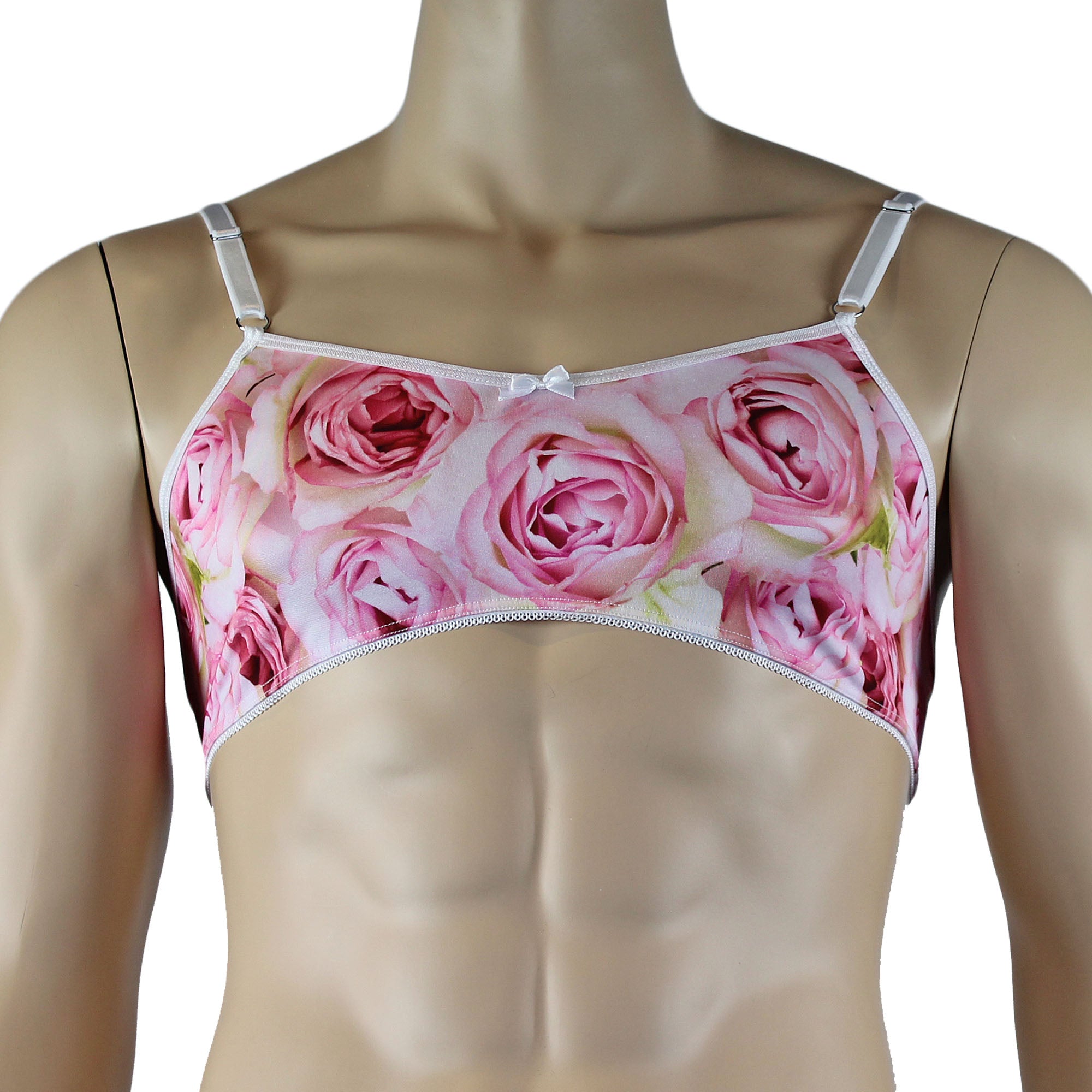 Mens Roses Spandex Bra Top with Frilled Pico Elastic Trim Male Lingerie Pink