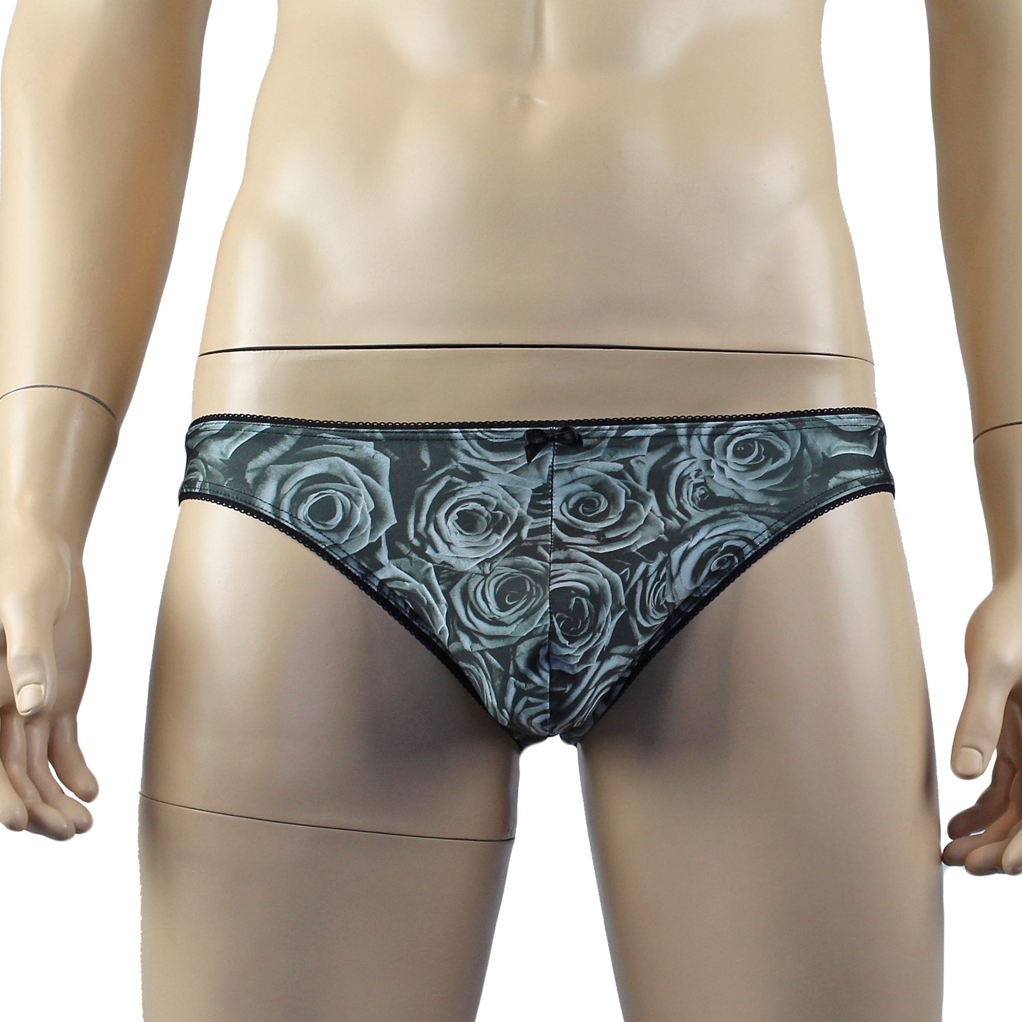 Mens Roses Stretch Spandex Panty Brief with Decorative Pico Elastic Grey