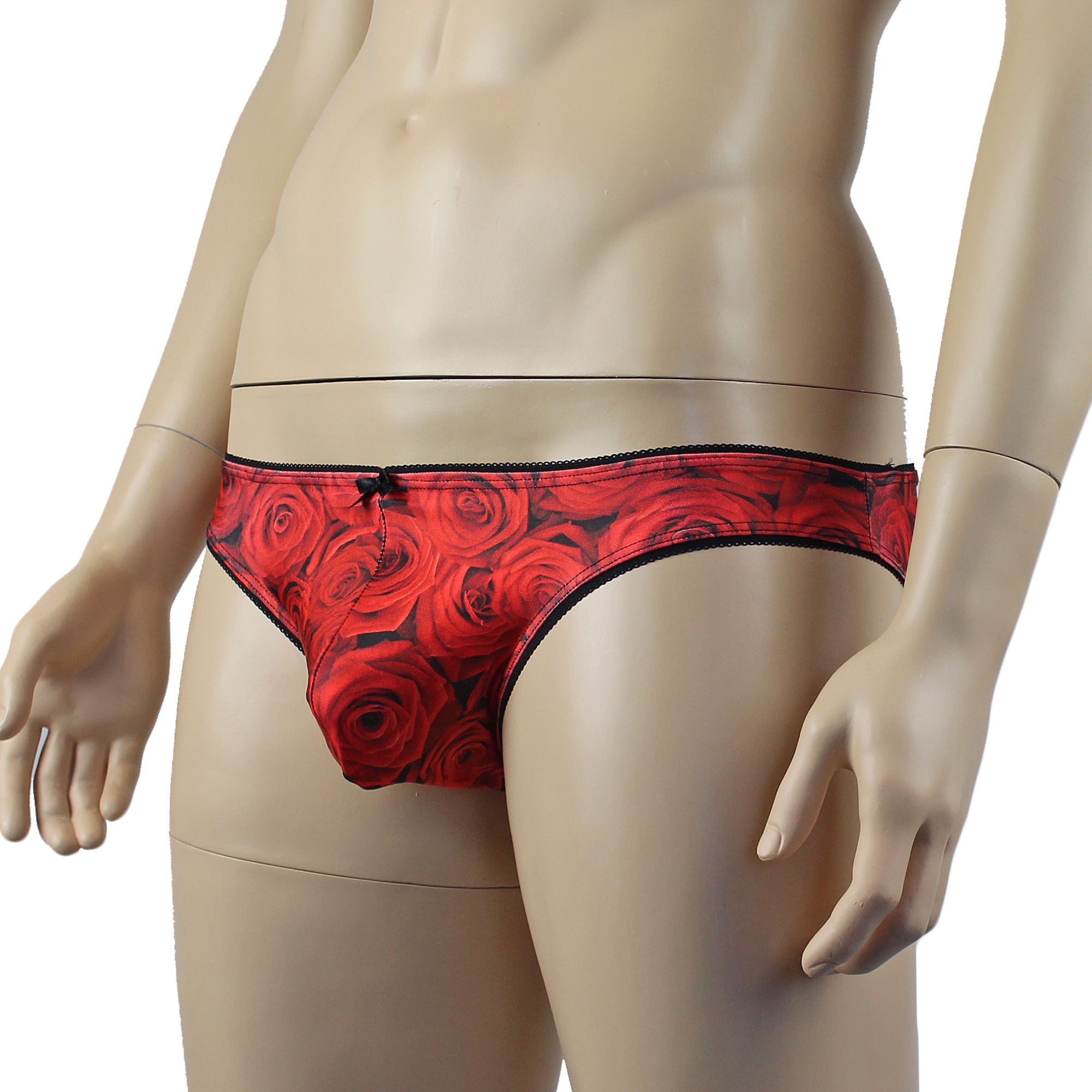 Mens Roses Stretch Spandex Panty Brief with Decorative Pico Elastic Red