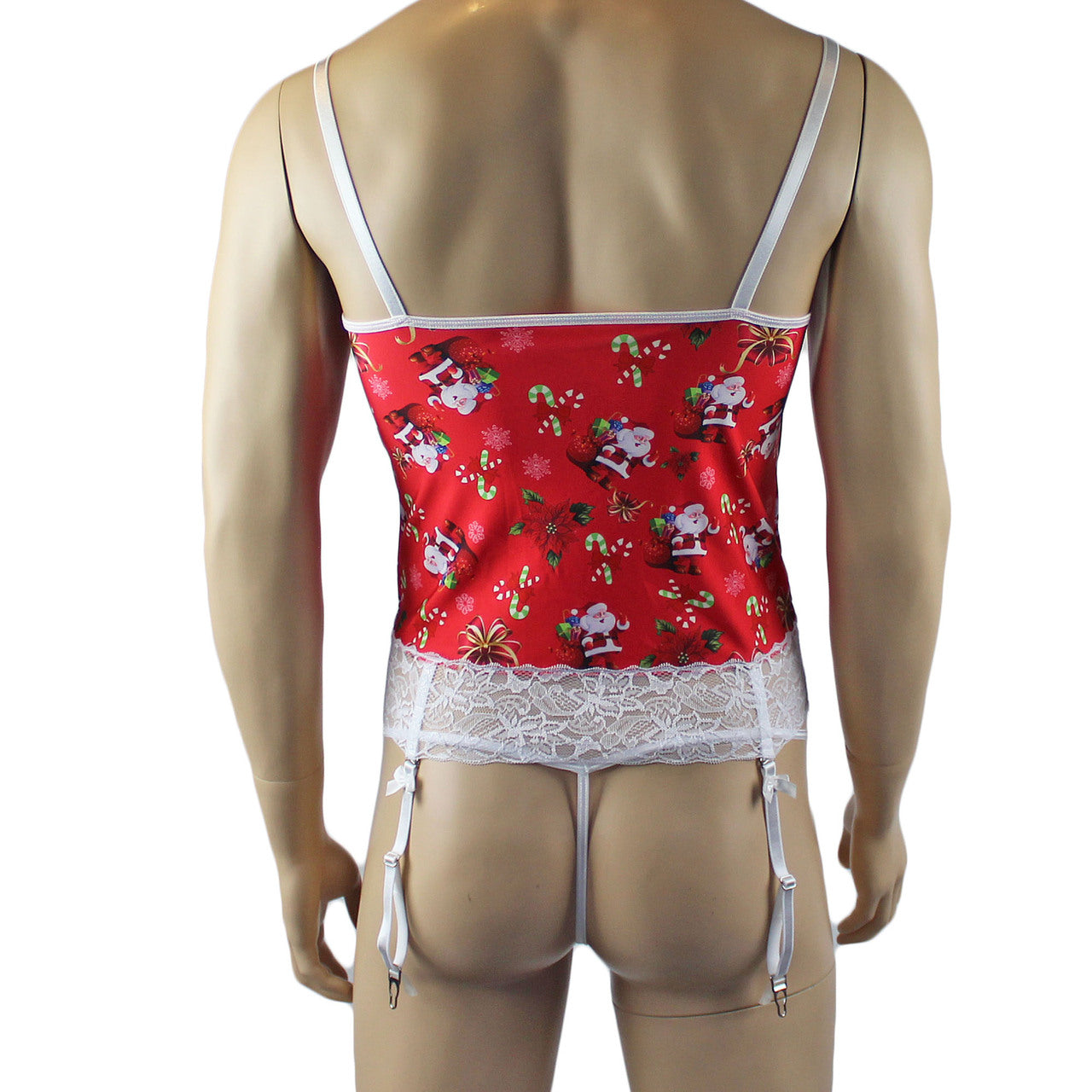 Mens Christmas Santa Camisole Corset Top & Pouch G string & Leg Bands