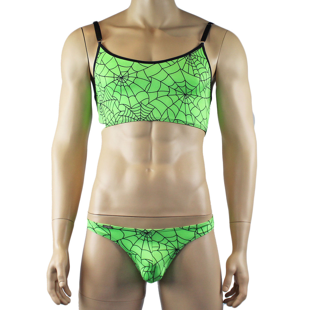 Mens Spider Web Camisole Bra Top & Mini Thong Lime