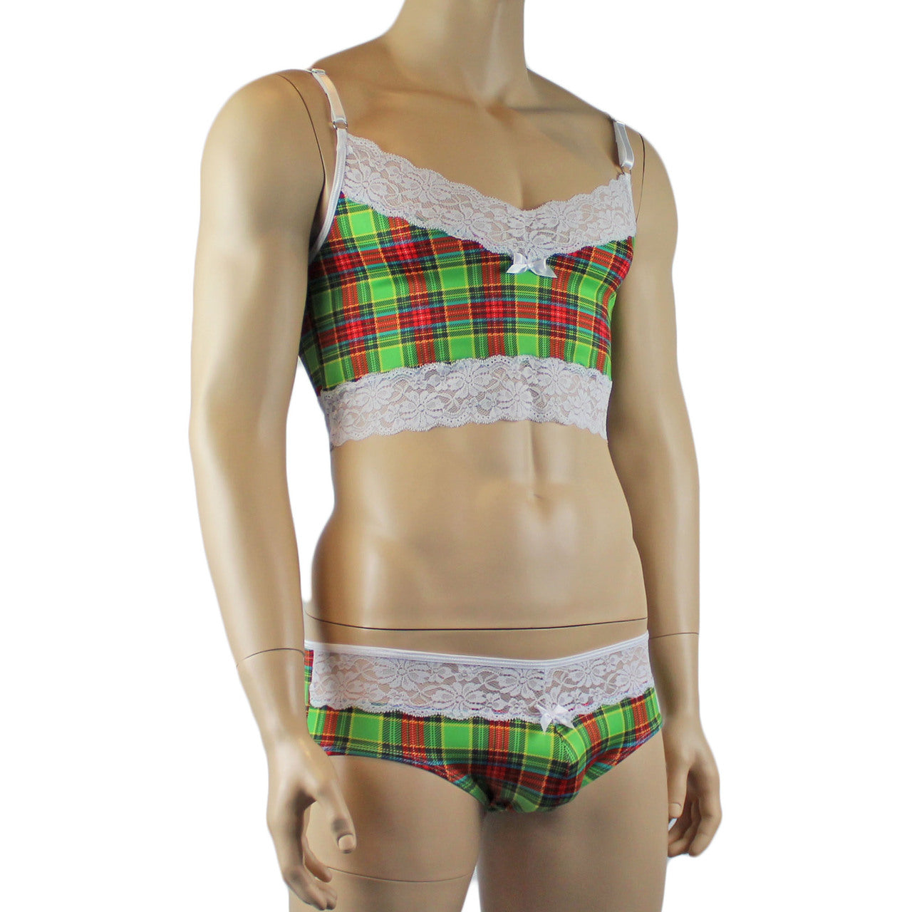 Mens Plaid Tartan Camisole Top & Boxer Brief Green and Red